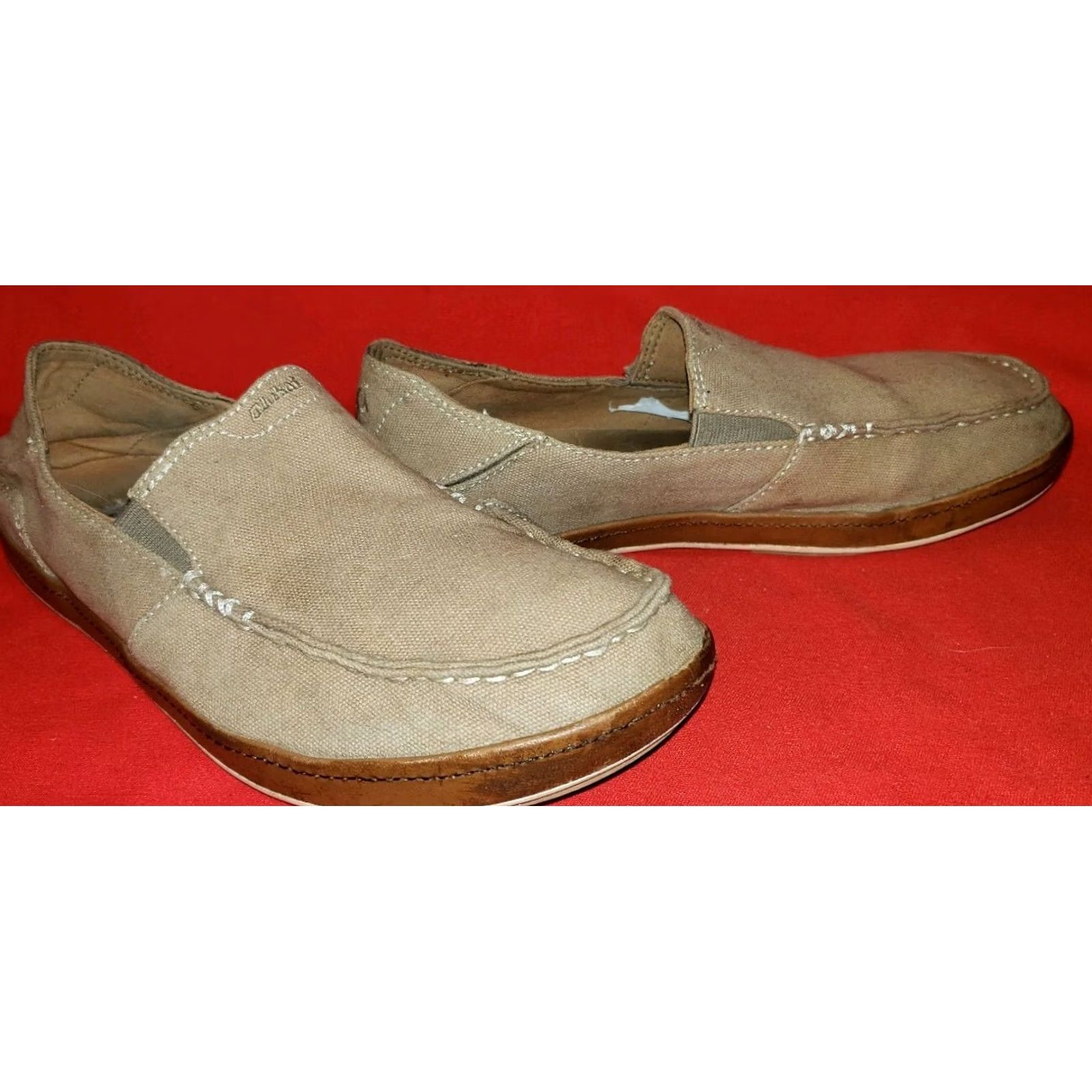 Olukai OluKai Puhalu Canvas Men's Loafers Casual Slip On Tan Kahki Leather Edge 9M Mens Size US 9 / EU 42 - 5 Thumbnail