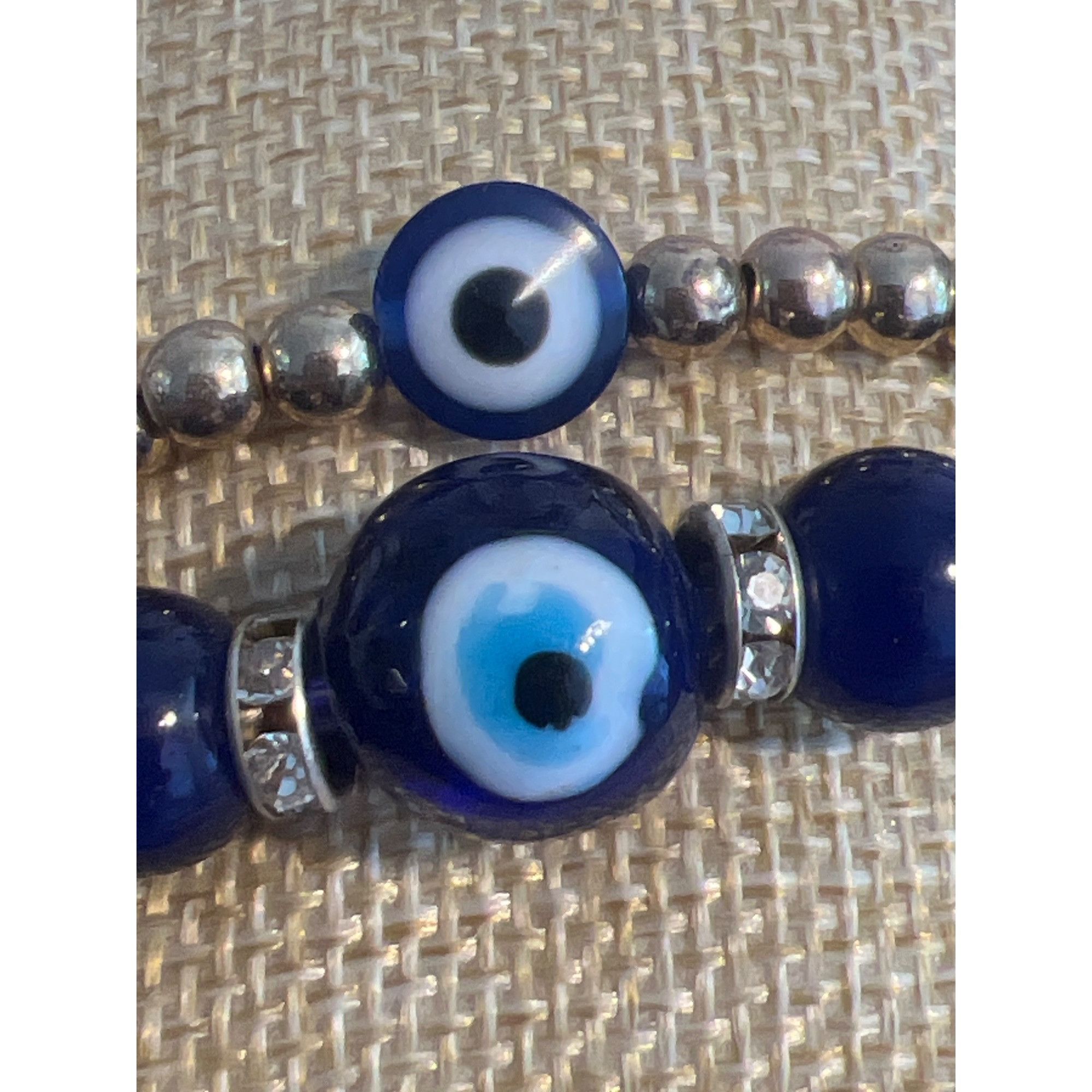 Other Set of 2 Evil Eye Beaded Bracelet Gold Tone Blue Glass Stret Size ONE SIZE - 2 Thumbnail