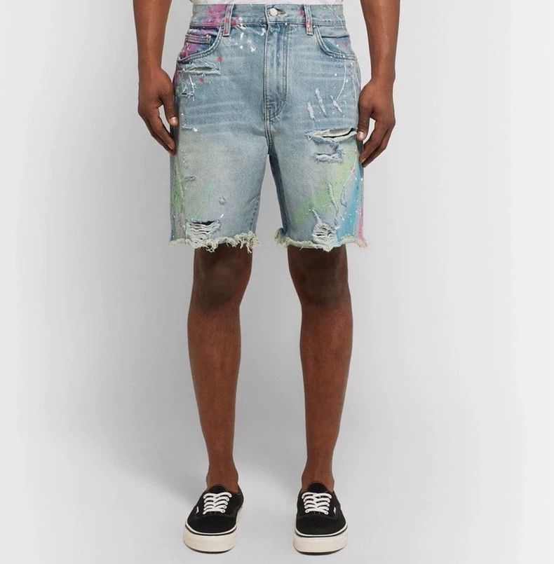 Amiri Amiri Wide Leg Ripped Spray Paint Denim Shorts Size US 31 - 1 Thumbnail