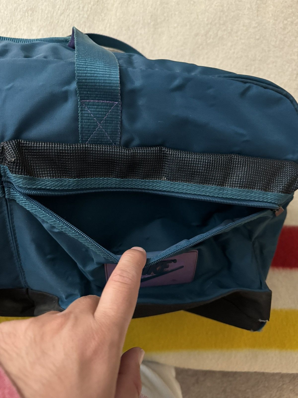 Nike × Vintage Vintage 80s 90s Purple Teal Aqua Nike Jumbo Duffle Bag BRS Size ONE SIZE - 19 Thumbnail