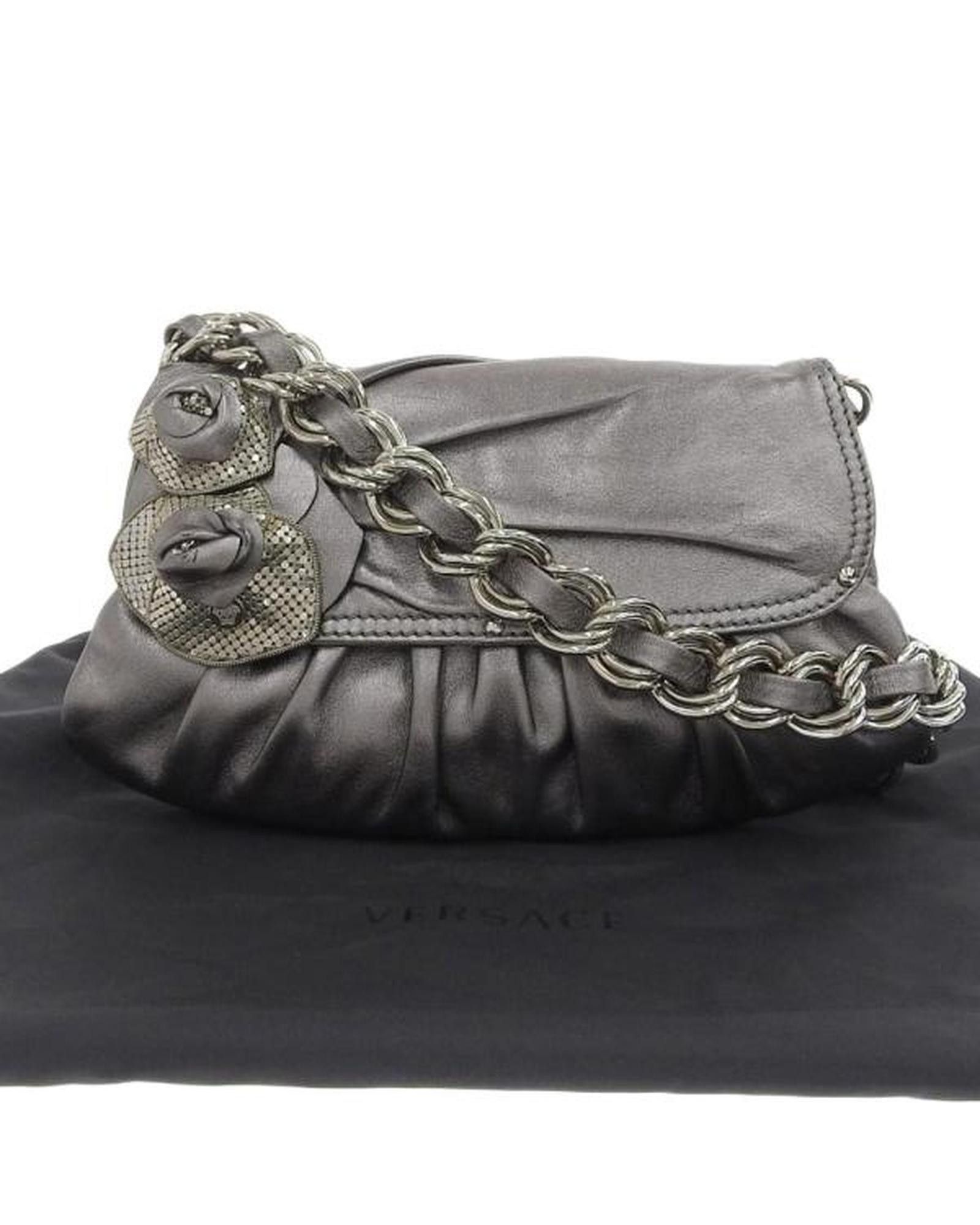 image of Versace Flower Chain Leather Shoulder Bag in Grey, Women's