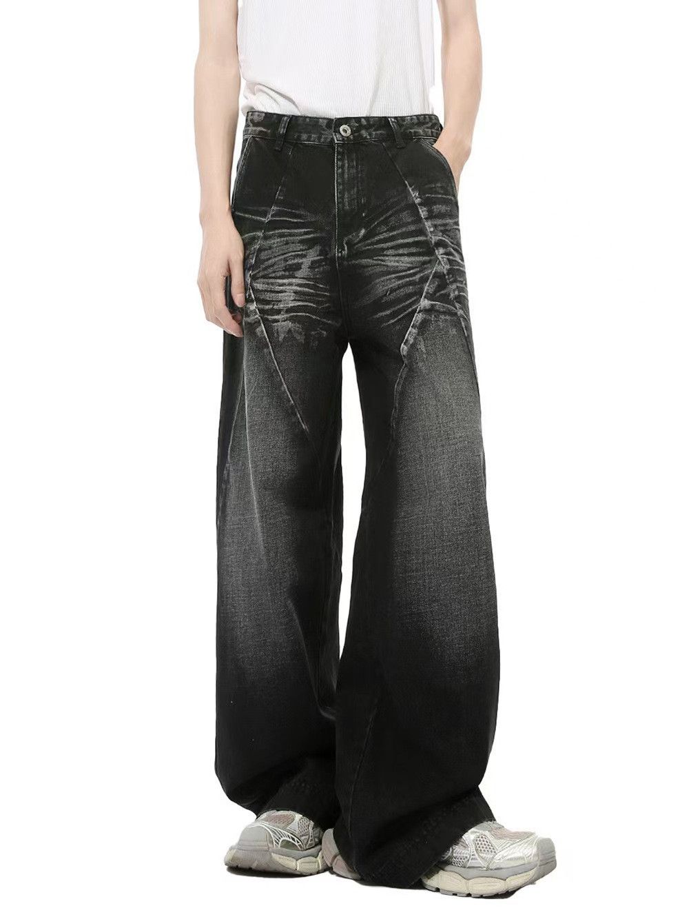 Japanese Brand × Jean High Street Washed Cat Whisker Spliced Straight Leg Jeans Size US 33 - 1 Thumbnail