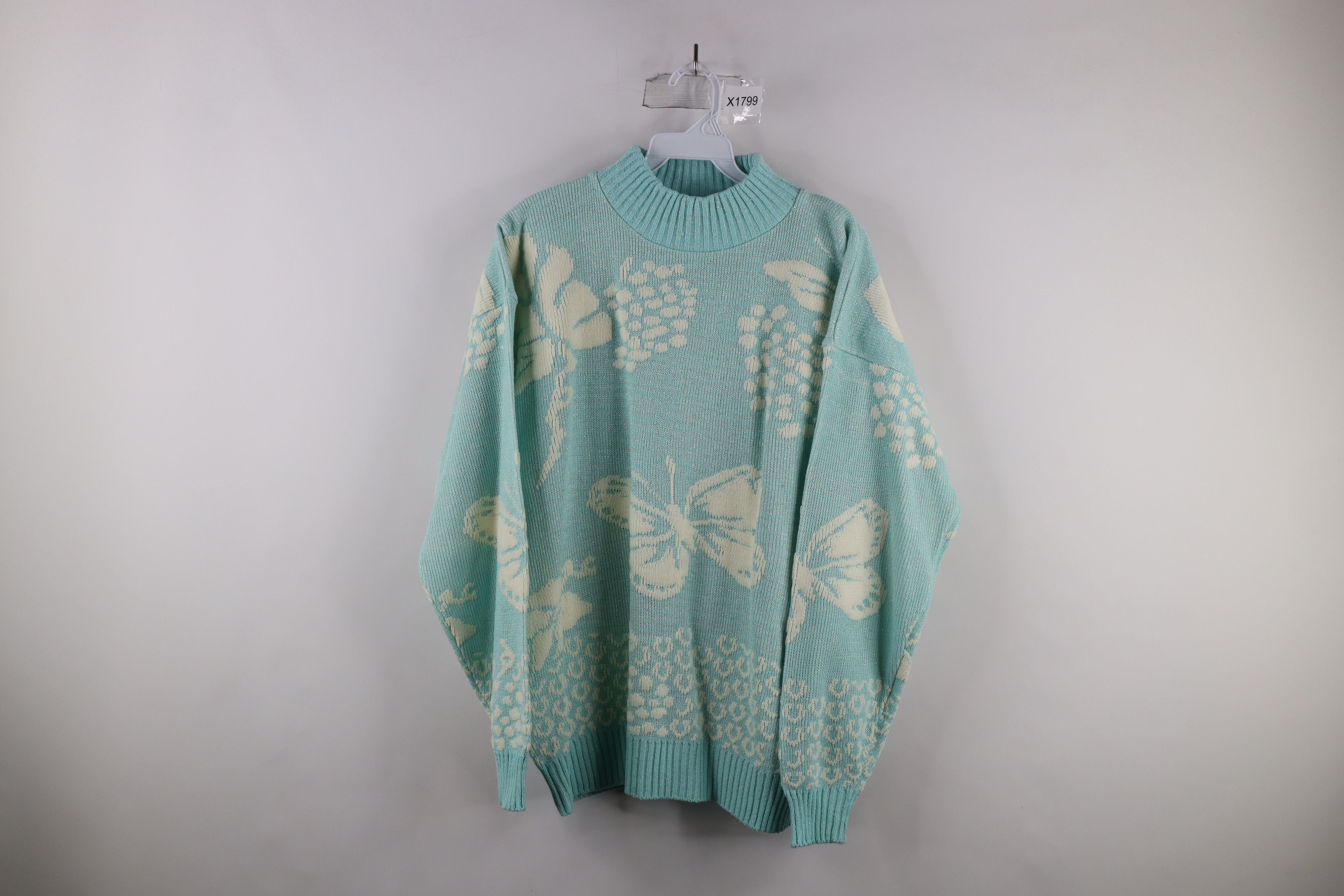 image of Vintage 90's Streetwear Butterfly Knit Mock Neck Sweater in Blue, Women's (Size XL)