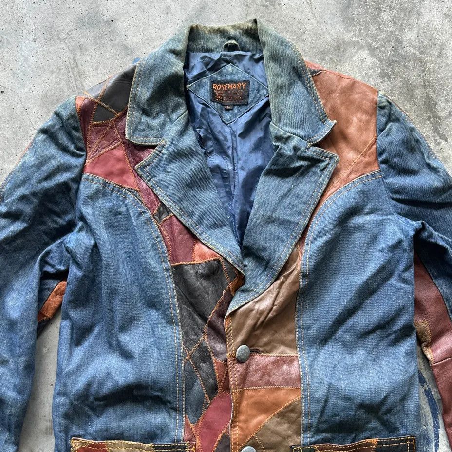 Other Vintage 70s Rosemary Patchwork Leather Denim Jacket Size L / US 10 / IT 46 - 3 Thumbnail