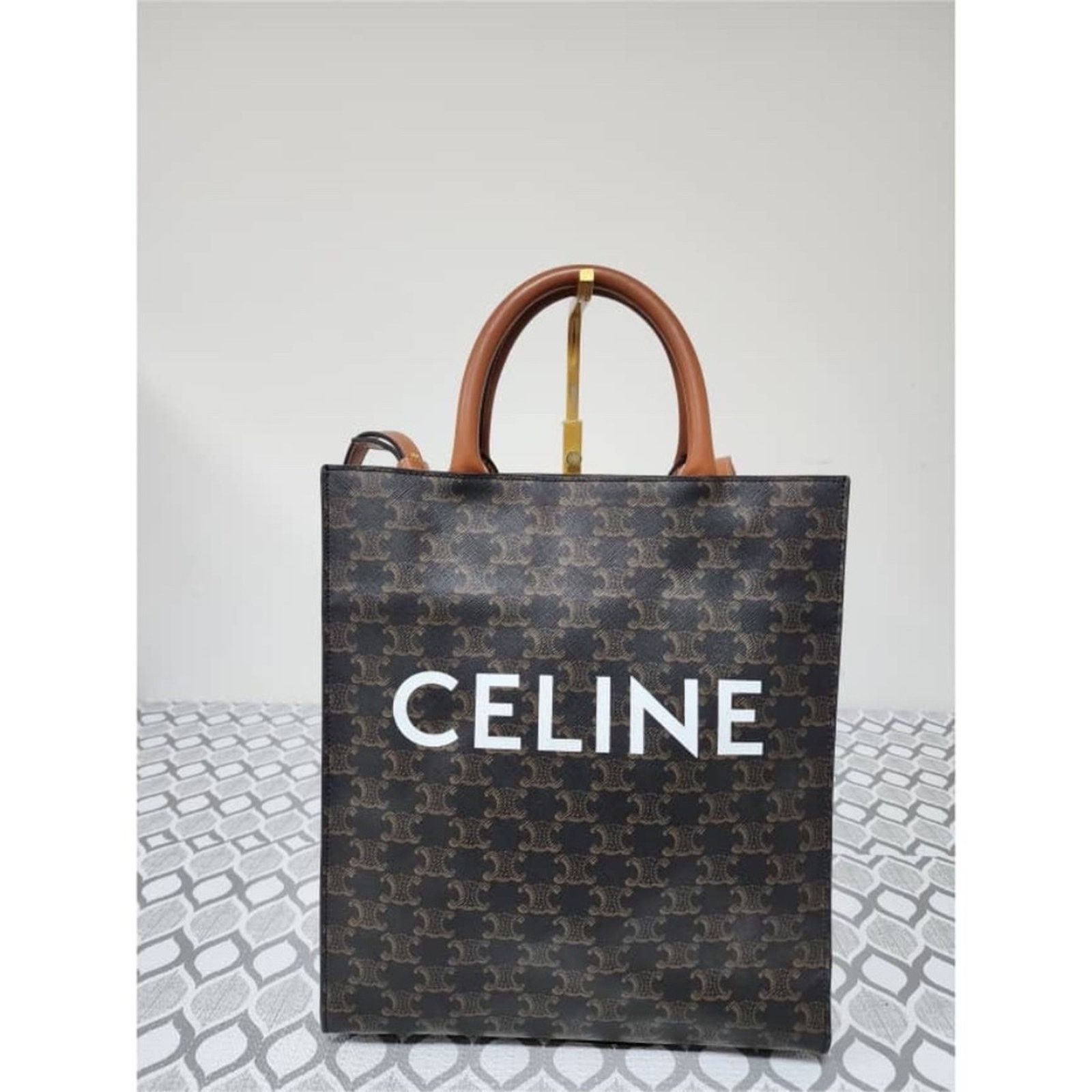 Celine Triomphe Vertical Cabas Small Canvas Shoulder Bag Bro in Brown, Women's