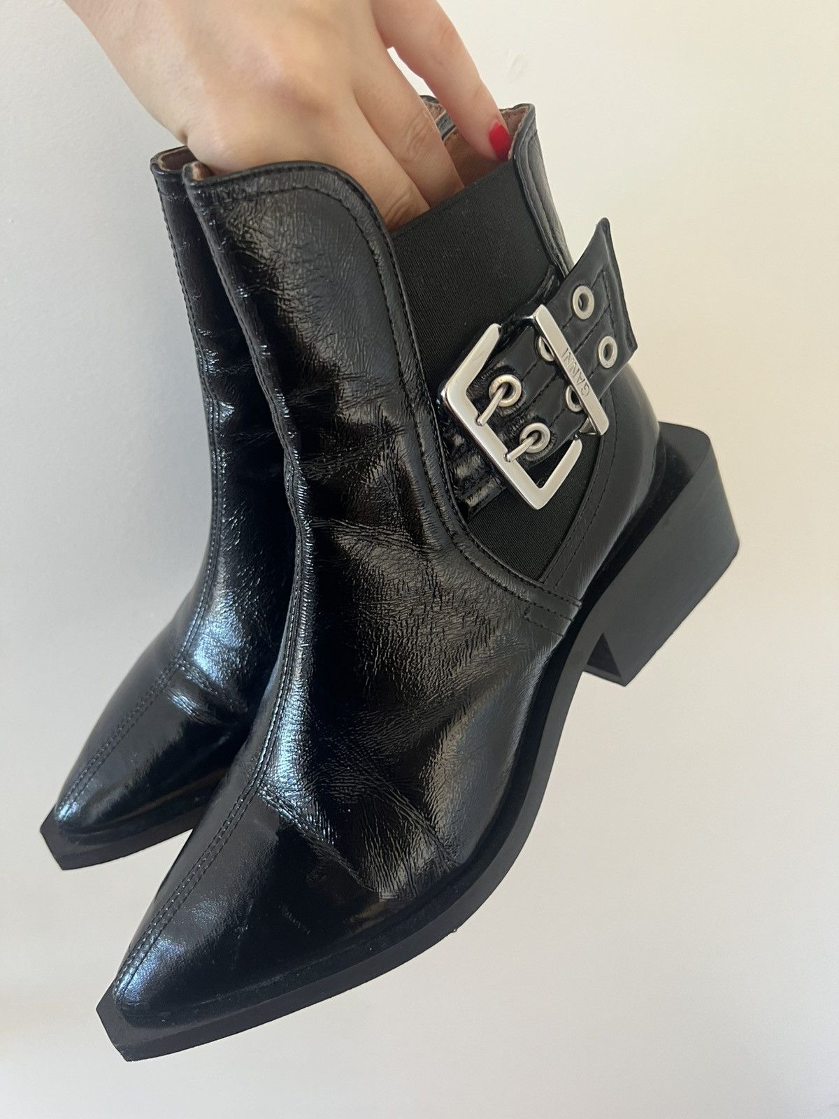 Ganni Ganni Patent Leather Chelsea Boots w/ Buckle Size US 7 / IT 37 - 3 Thumbnail