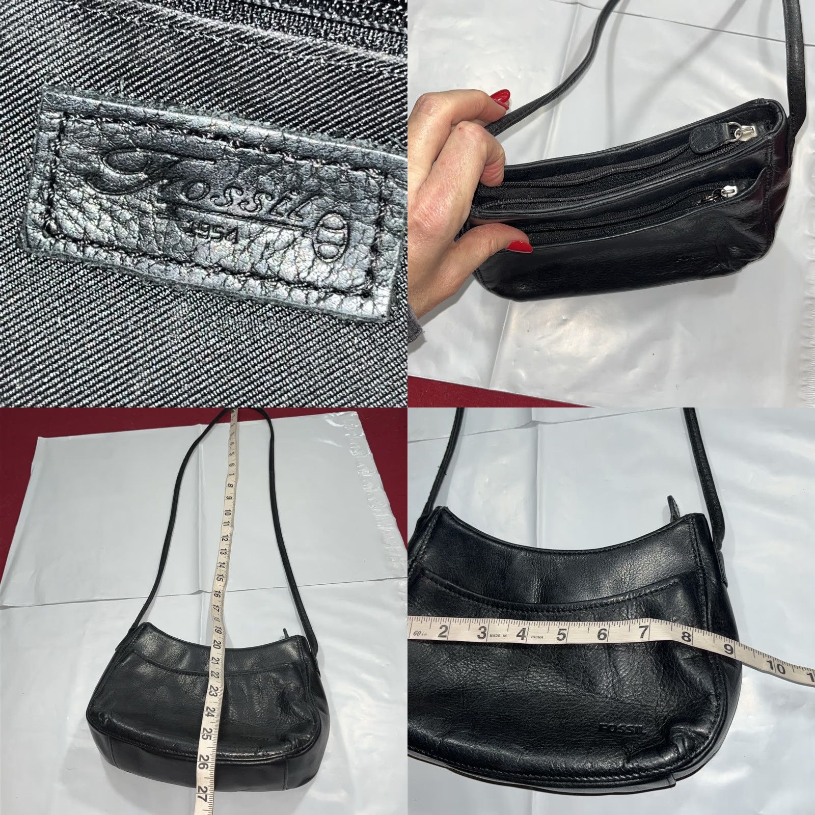 Fossil VINTAGE Fossil Crossbody Bag Ladies Small Pebbled LEATHER Evening Purse Black Zip Closure Silver Hardware Dressy Size ONE SIZE - 8 Thumbnail