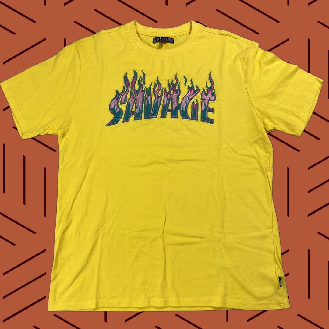 Vintage BLACK PIKE EMBROIDERED SAVAGE FLAMES YELLOW SKATE SHIRT 2XL MENS 90s Size US XXL / EU 58 / 5 - 1 Thumbnail