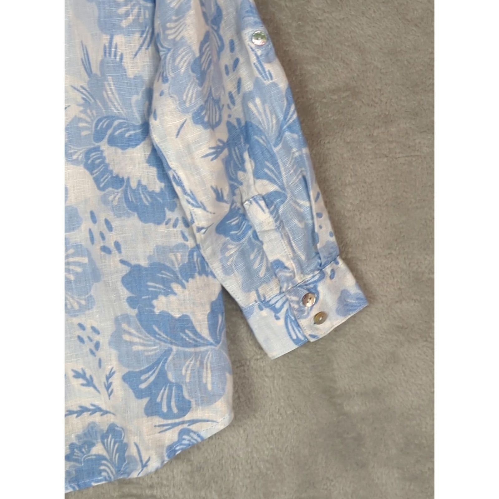 ALOHAS Sigrid Olsen Blouse M Linen Roll Tab Sleeve Button Down Blue Floral Beach Tunic Womens Size M / US 6-8 / IT 42-44 - 7 Thumbnail