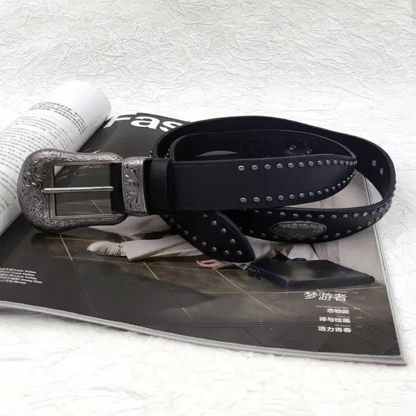 Leather Black Western Belt with Engraved Buckle Size ONE SIZE - 5 Thumbnail