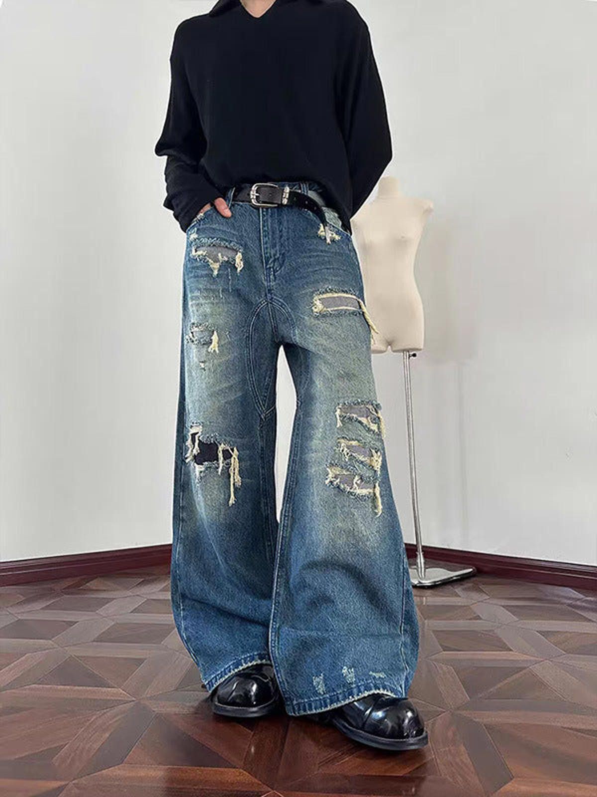 Vintage Blue Distressed Wide Leg Jeans, Baggy Denim Pants Size US 32 / EU 48 - 2 Thumbnail