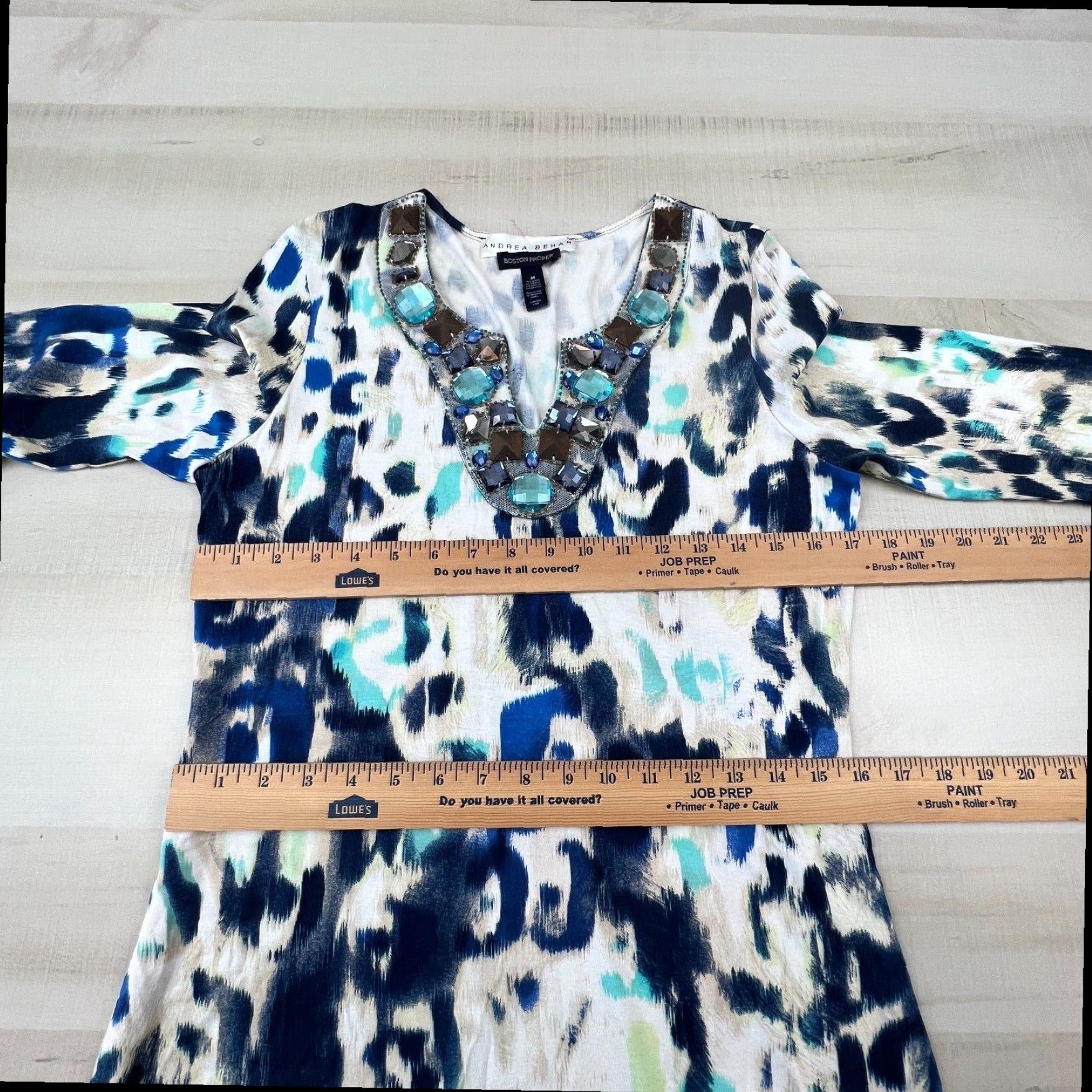 Vintage Andrea Behar White Blue Rhinestone Sheath Dress Womens Medium Long Sleeve Size M / US 6-8 / IT 42-44 - 7 Thumbnail