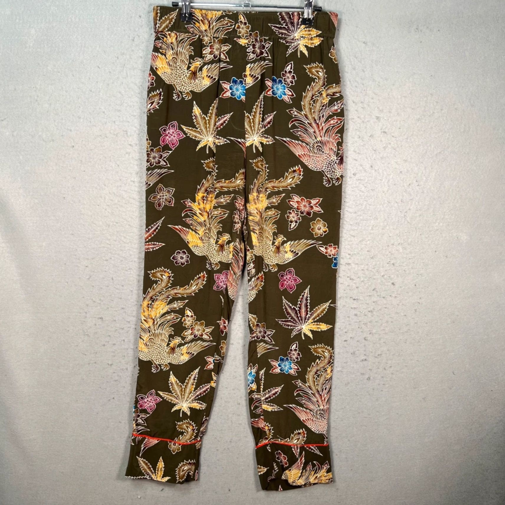 Sandro Sandro Paris Womens Silk Trousers Pants 2 Floral Bird Print Brown Inseam 30" High Rise Ankle Tapered Front Flat Front Mens Womens? Size 26" / US 2 / IT 38 - 2 Thumbnail
