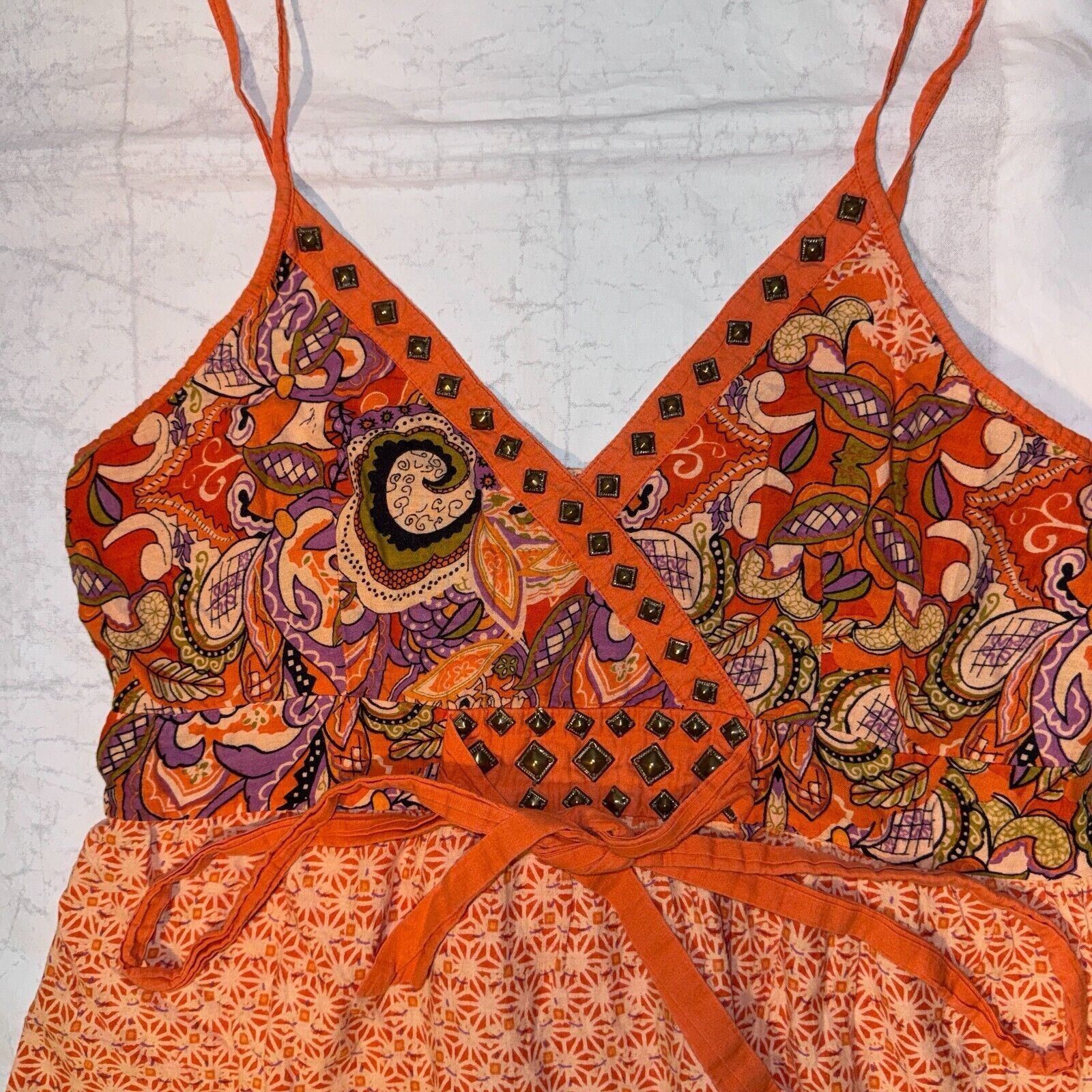 Other Magic Y2K Orange Paisley Sun Dress 1X Studded Sphagetti Stra Size L / US 10 / IT 46 - 2 Thumbnail