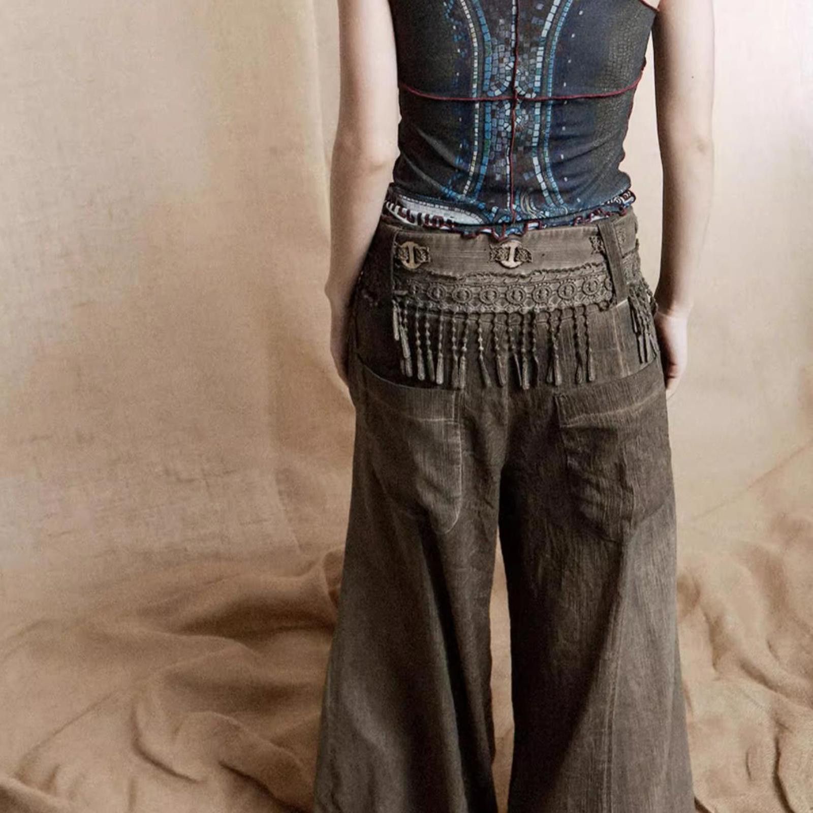 Japanese Brand Wide-Leg Trousers with Detachable Belt & Elastic Cuff Hems Size 28" / US 6 / IT 42 - 5 Thumbnail