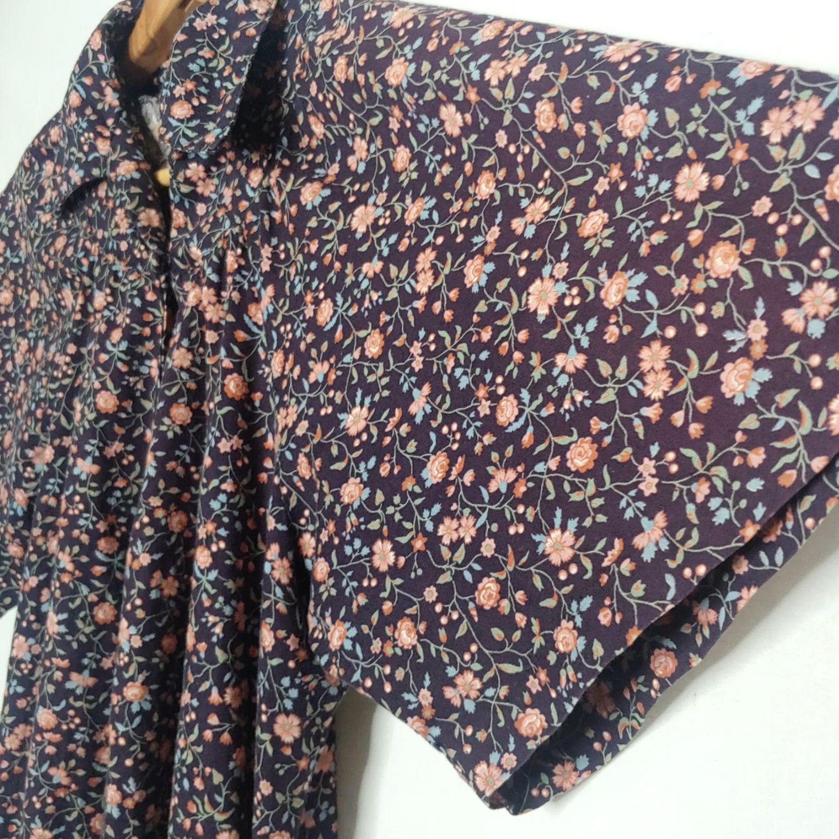 Vintage VINTAGE Flowers Dress Short Sleeve Belted A-Line Cadet Blue Pink Floral Cotton Knee Length Womens S USILGWU Belted Dress Vintage Small Size 28" / US 6 / IT 42 - 4 Thumbnail