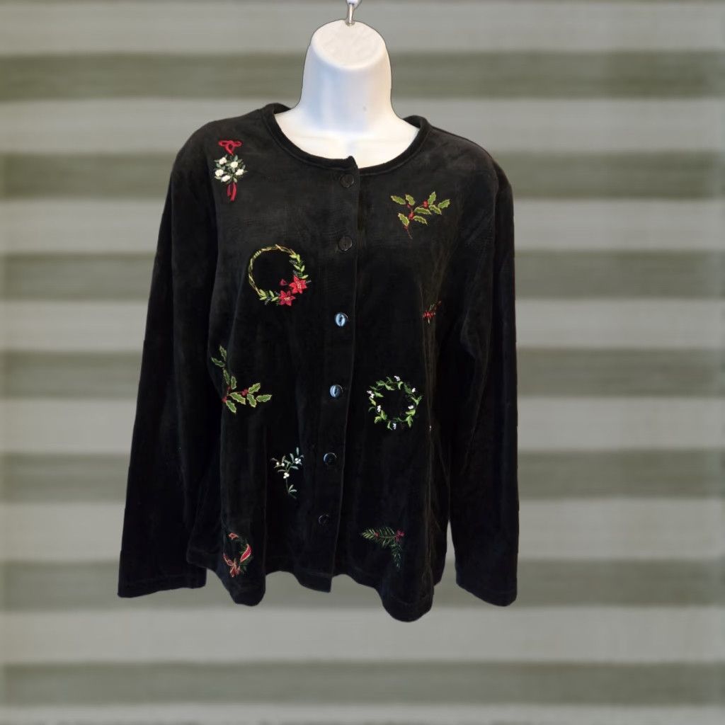 Vintage Appleseed's Black Velvet Christmas Embroidered Button Front Cardigan Womens L Size L / US 10 / IT 46 - 1 Thumbnail