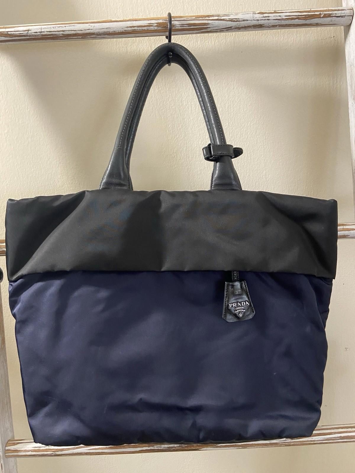 Prada Prada Tessuto Black Blue Nylon Leather Bomber Hand Tote Bag Size ONE SIZE - 1 Thumbnail