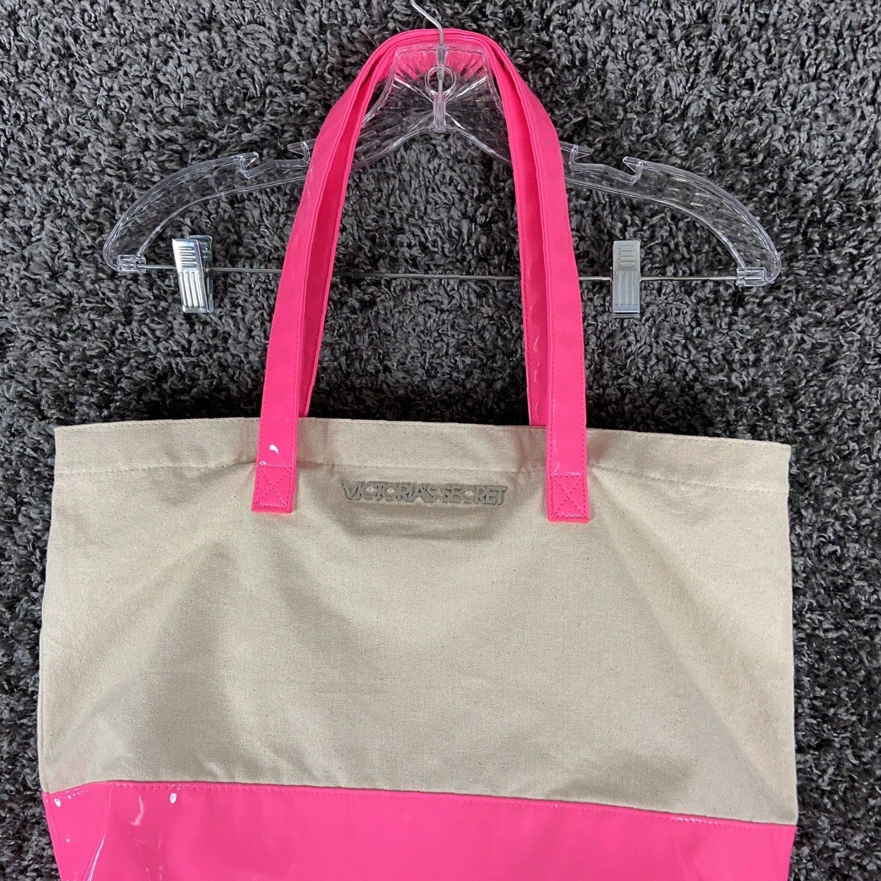 Victoria's Secret VINTAGE Victoria's Secret Tote Bag Canvas Pink Beige Women's Tote Bag Purse Adult Women Pink Beige Short Strap Overn? Size ONE SIZE - 5 Thumbnail