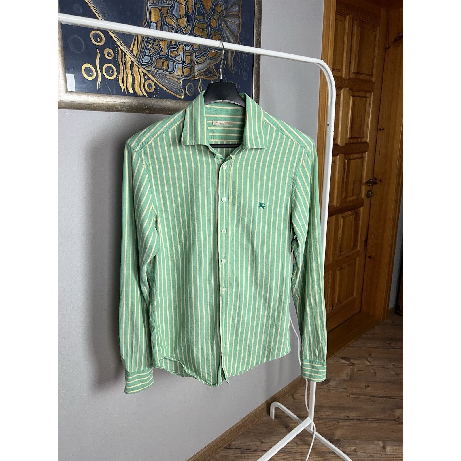 Burberry Old Money Small Logo Men`s Green Striped Shirt Size