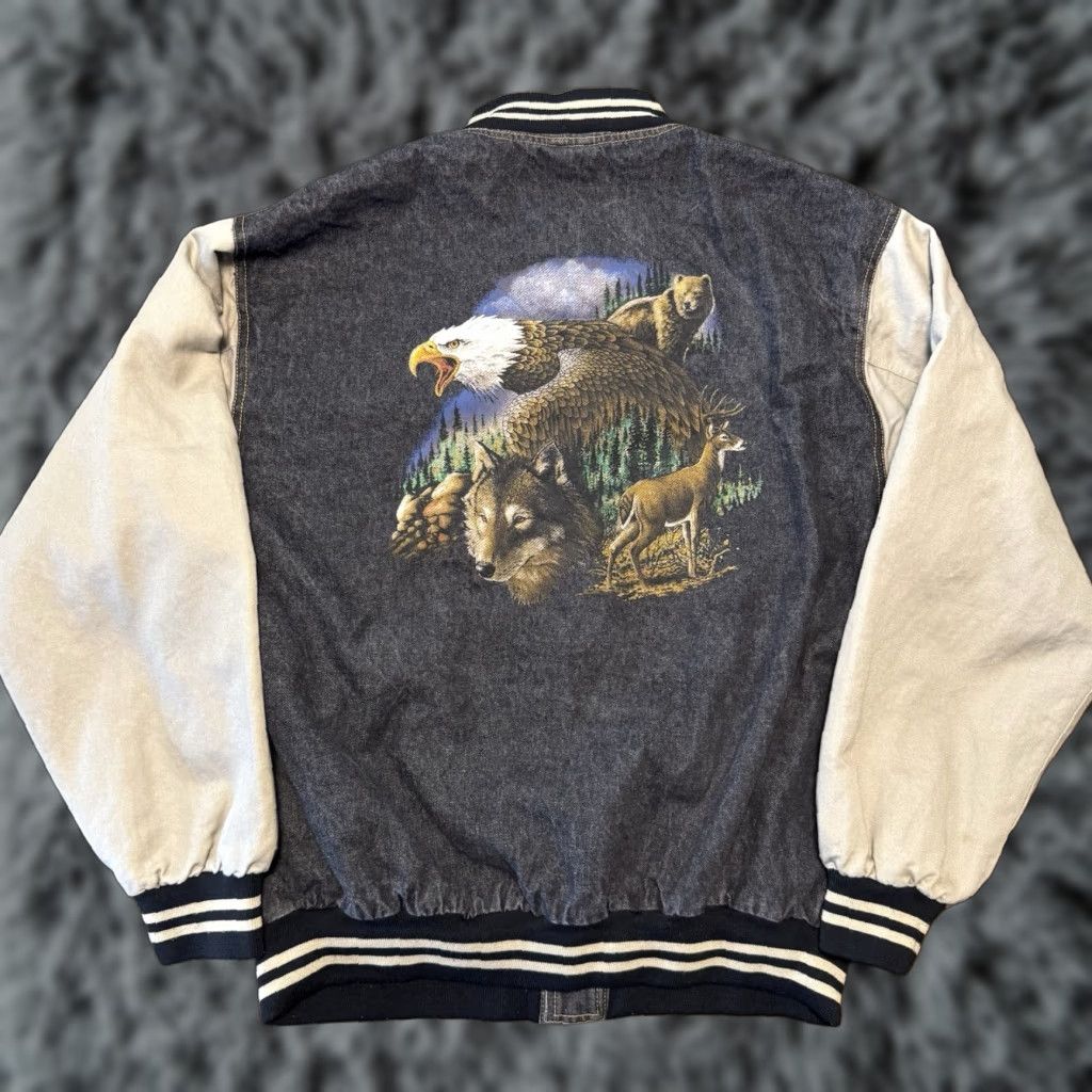 Vintage VINTAGE VTG Wildlife Jon Lauren Apparel Denim Varsity Bomber Jacket Men’s XL Wolf Buck Size US L / EU 52-54 / 3 - 1 Thumbnail