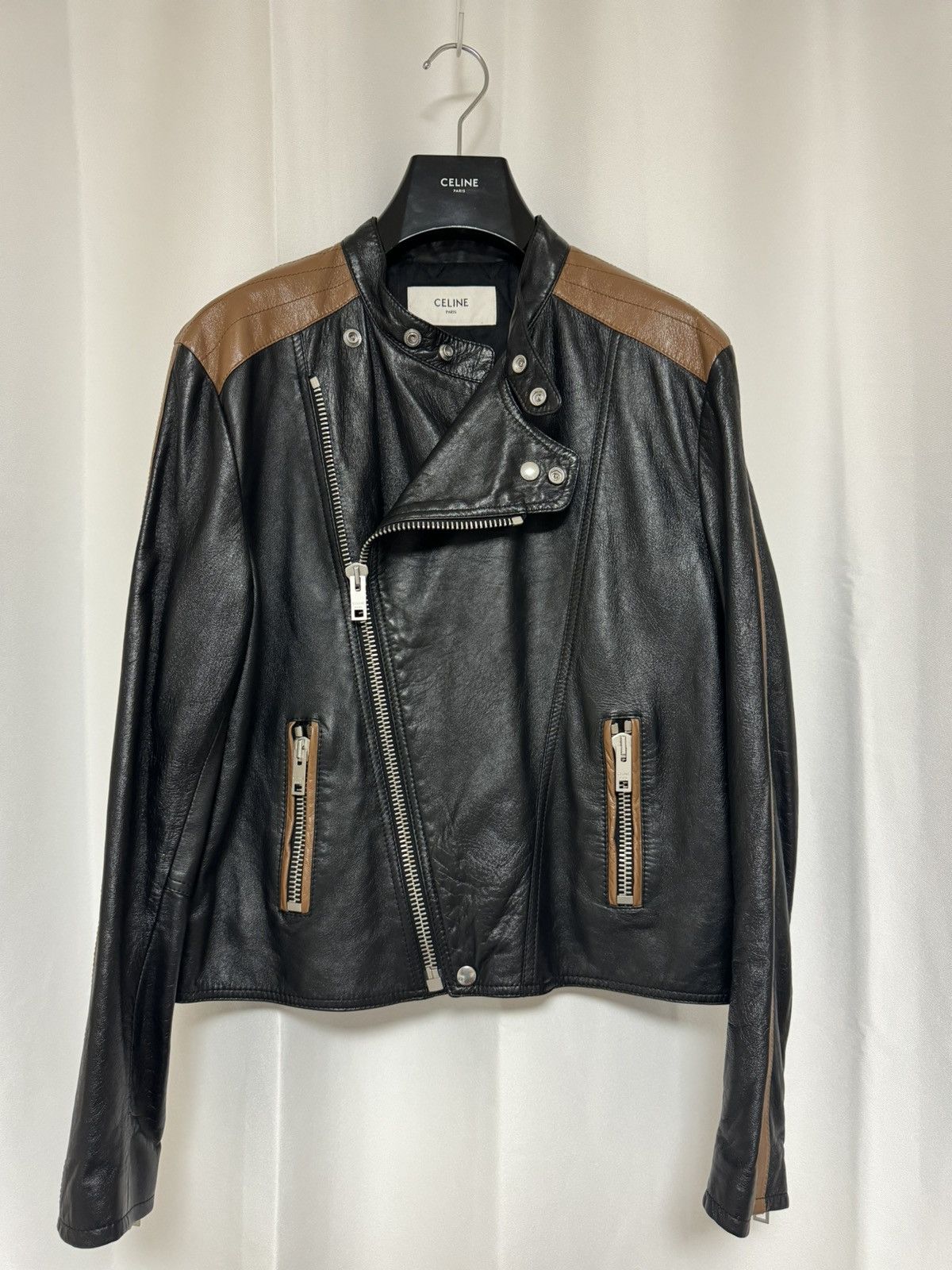 image of Celine Aw20 Cafe Racer Leather Jacket in Black/Brown, Men's (Size Large)