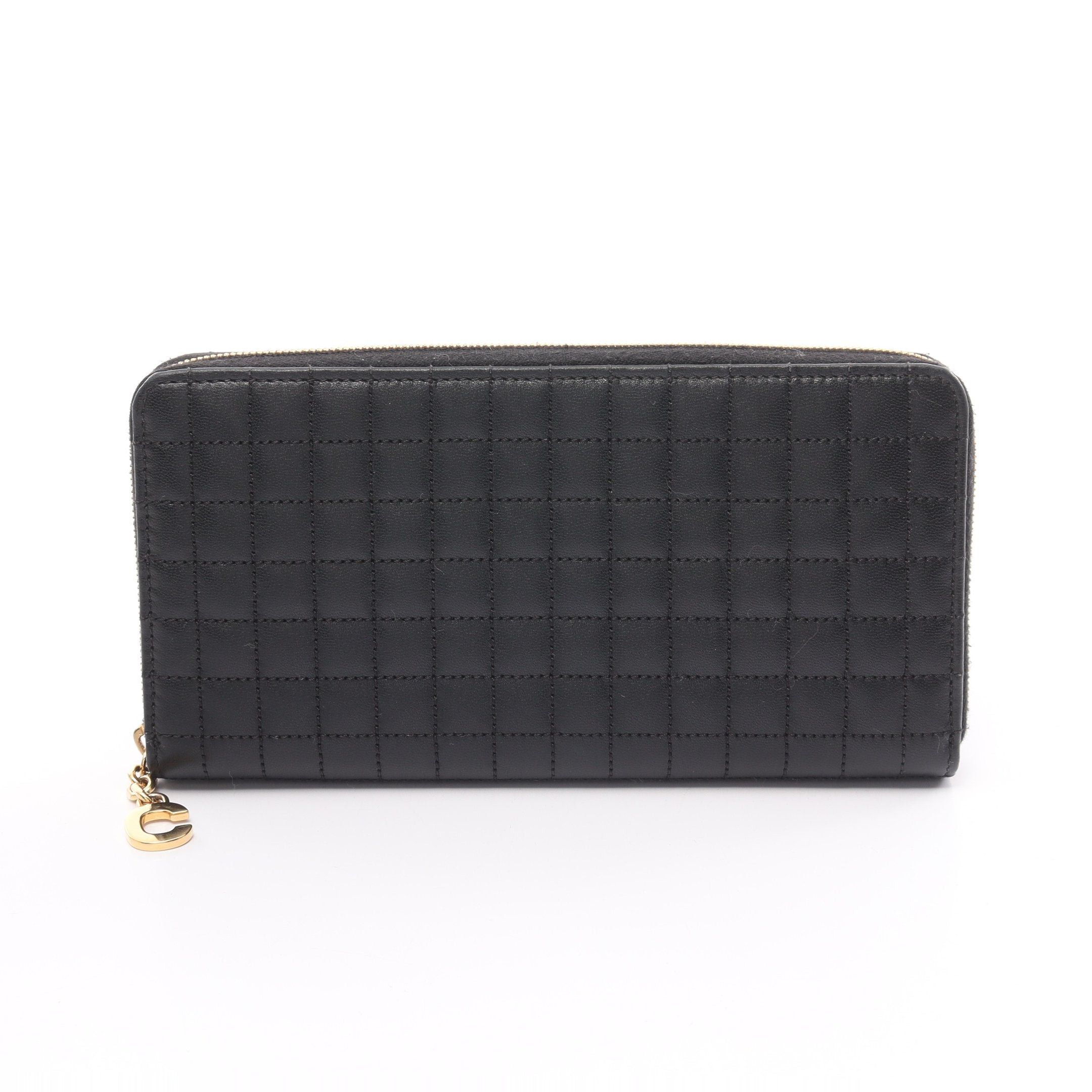 image of Celine C-Charm Large Zipped Wallet Round Zipper Long Wallet Quilting Leather Black, Women's