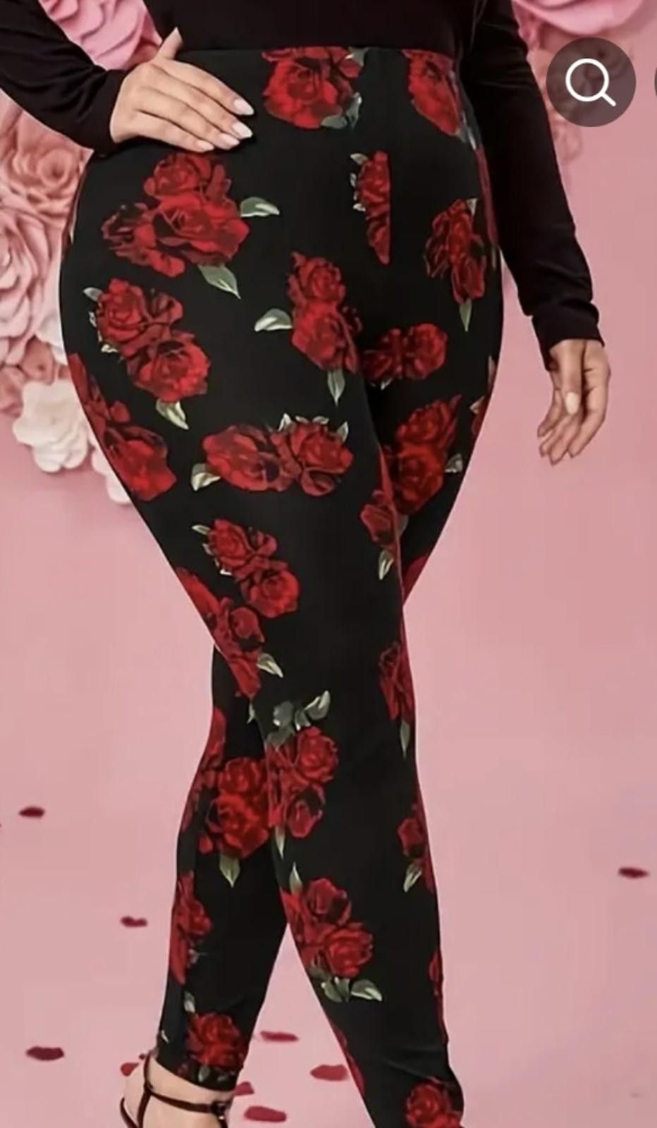 Designer Floral Print Leggings - Black with Red Roses Size 30" / US 8 / IT 44 - 1 Thumbnail