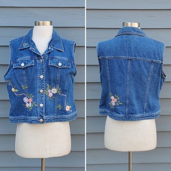 Vintage Vintage 90s y2k Floral Flower Embroidered Cottagecore Denim Size L / US 10 / IT 46 - 1 Thumbnail