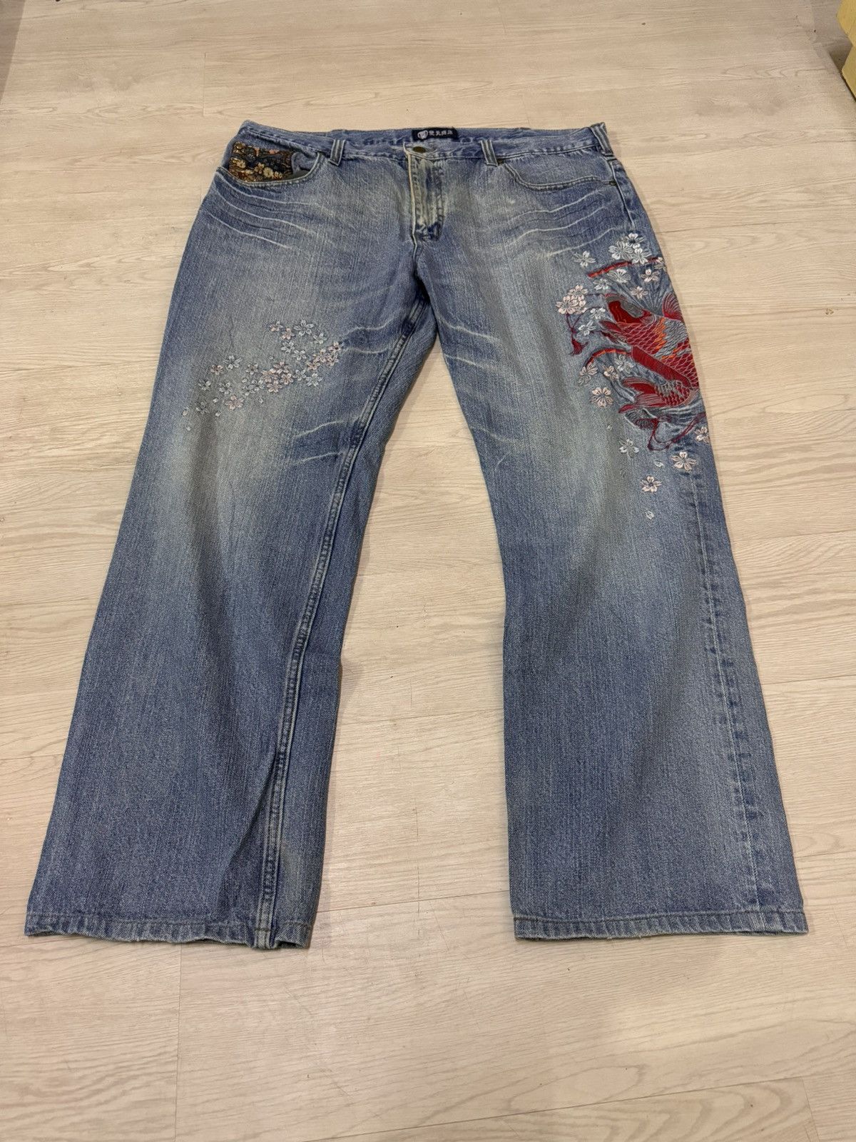 Japanese Brand Koi Pond Dragon Sukajan Japan Jeans Embroidered Size 41” Size US 41 - 5 Thumbnail