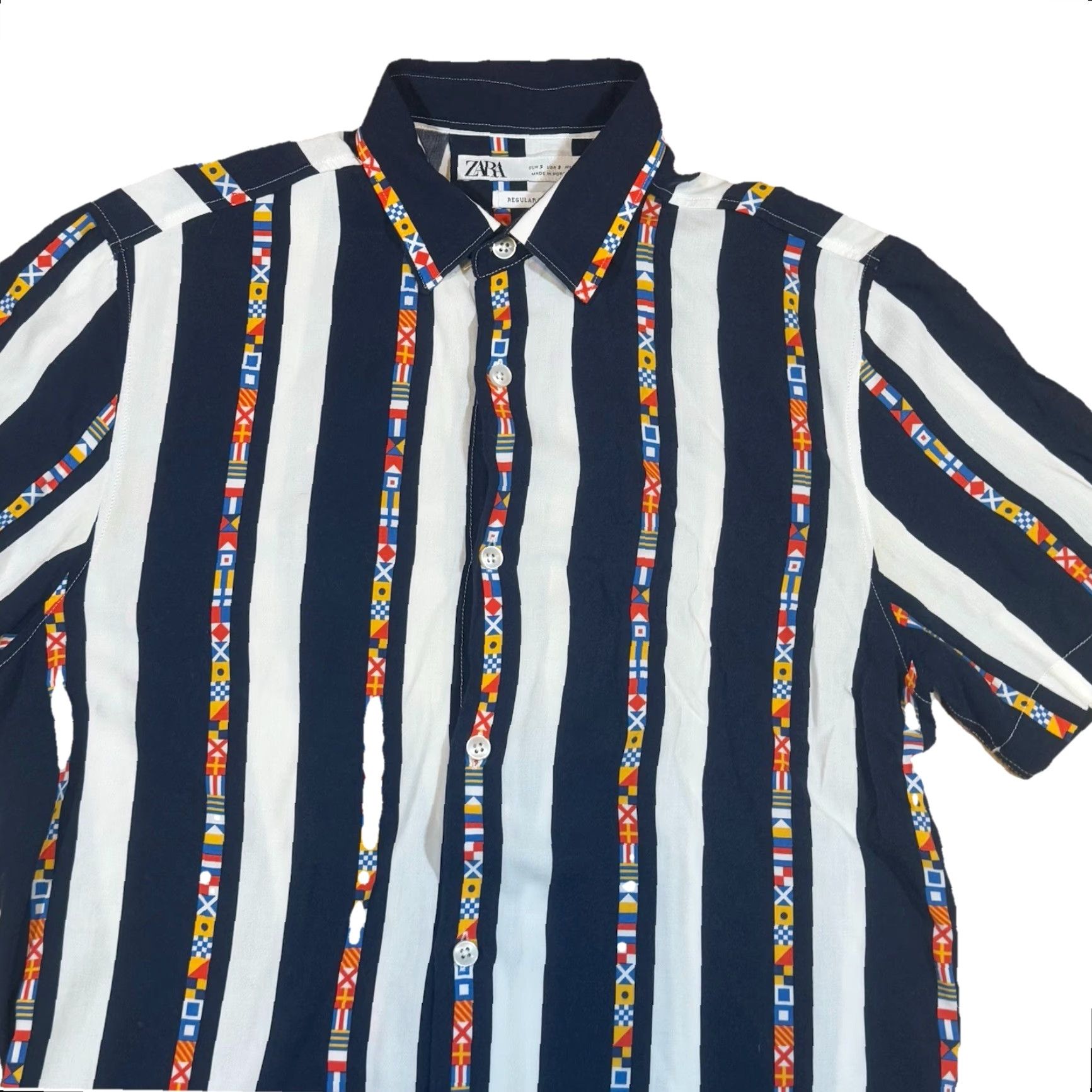 Zara Zara Button Shirt Mens Small Regular Fit Striped Blue White Flag Print Shirt Size US S / EU 44-46 / 1 - 2 Thumbnail