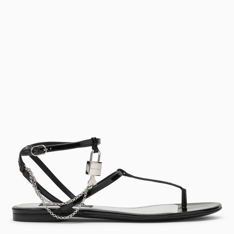 image of Dolce Gabbana Dolce&gabbana Black Patent Leather Thong Sandal With Chain, Women's (Size 9)