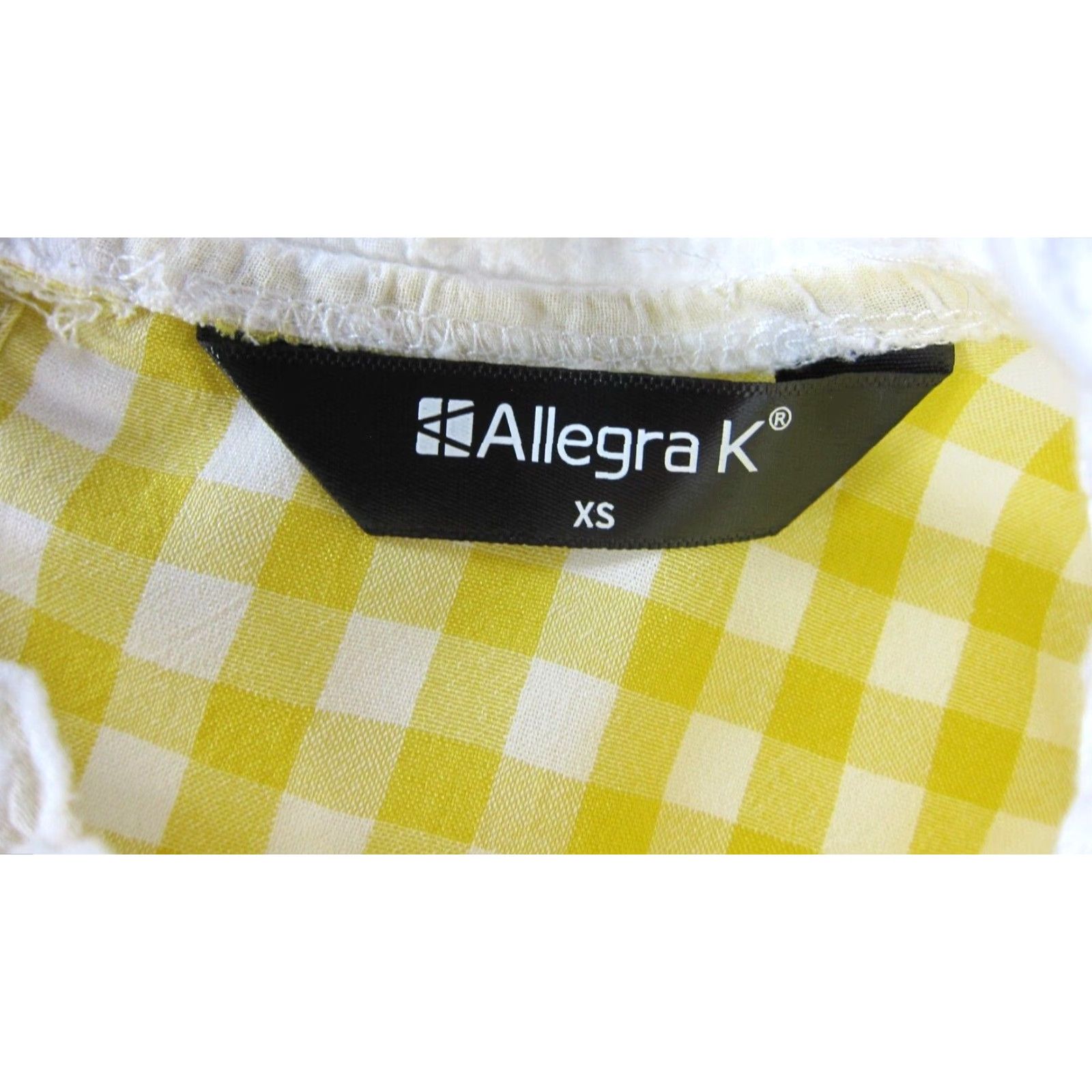 Vintage Allegra K Yellow White Plaid Lace High Neck Short Sleeve Sheath Dress XS Size 26" / US 2 / IT 38 - 3 Thumbnail