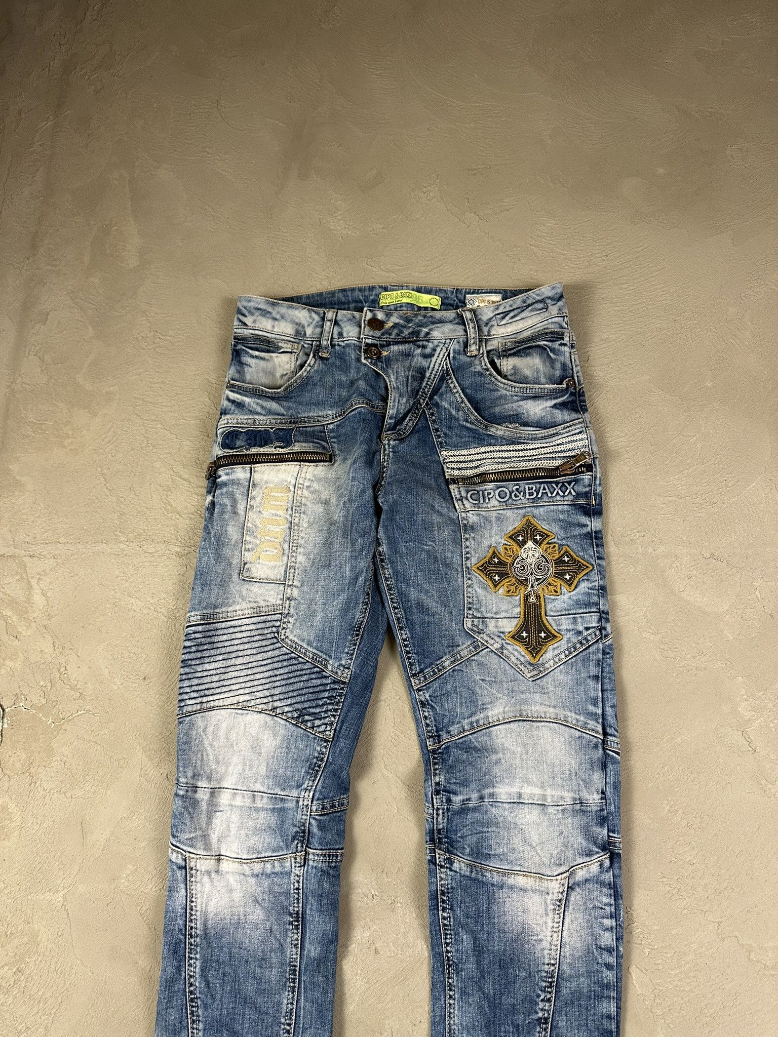Japanese Brand Crazy Y2k Cipo & Baxx Cross Cross Faded Skinny Biker Jeans Size US 30 / EU 46 - 3 Thumbnail
