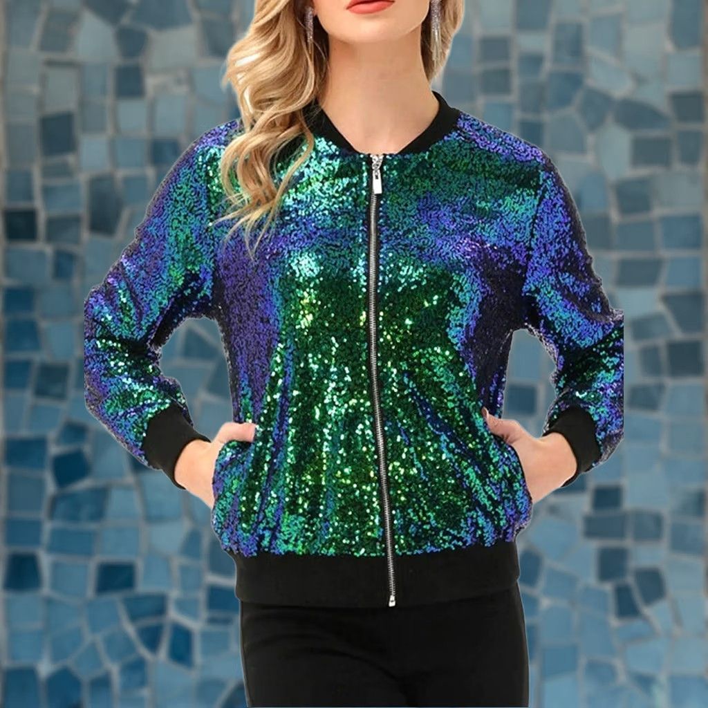 Vintage Kancy Kole Green Sequin Front Zip Long Sleeve Party Bomber Jacket Women's L Size L / US 10 / IT 46 - 1 Thumbnail