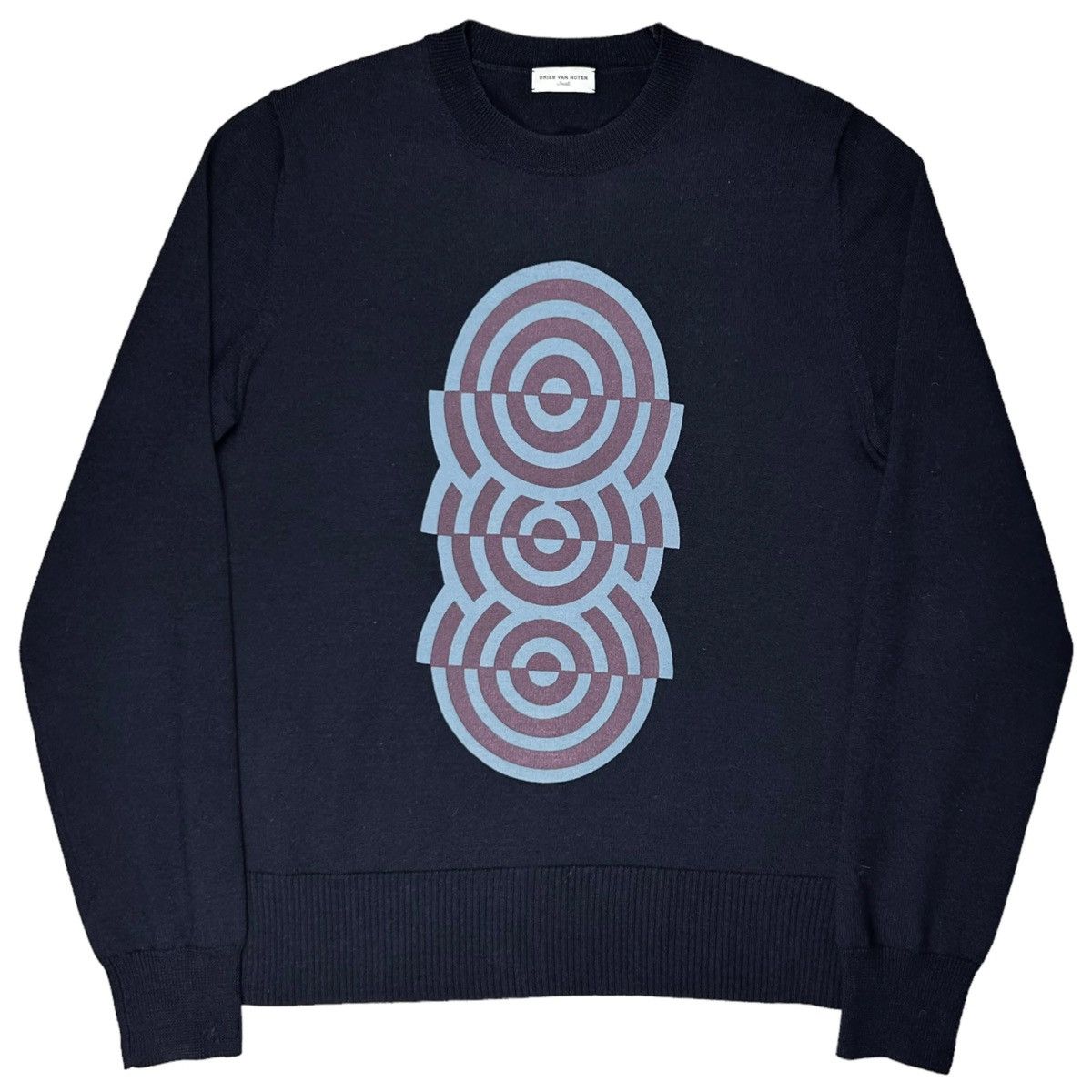 image of Dries Van Noten Optical Illsuion Print Wool Sweater in Dark Blue, Men's (Size Small)