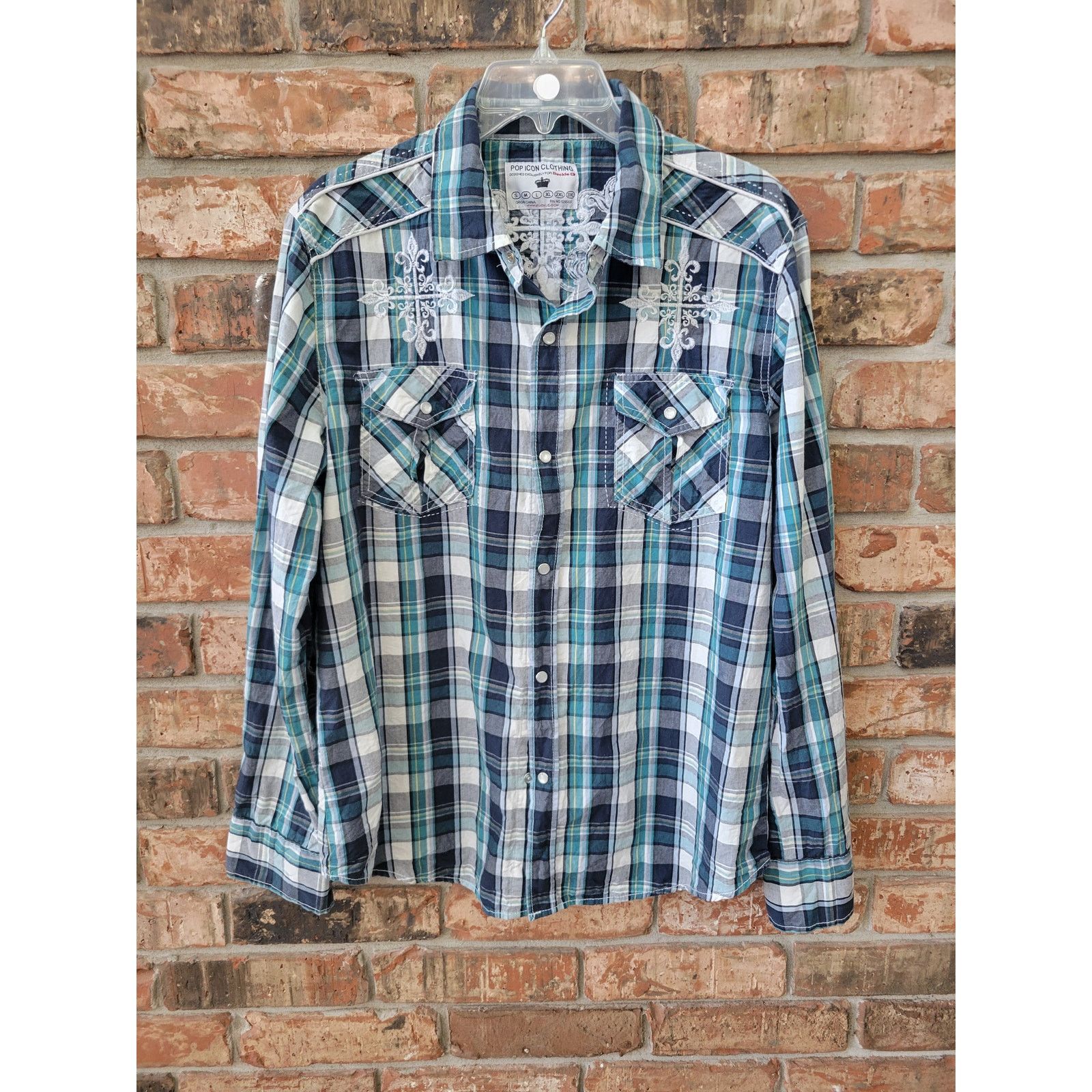 BKE Buckle Pop Icon Sz Large Mens Plaid Pearl Snap Embroidered Size US L / EU 52-54 / 3 - 3 Thumbnail