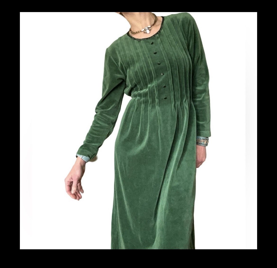 Vintage Vtg 80’s Fads Green Velvet Peasant Pleat Front Maxi Dress Size M / US 6-8 / IT 42-44 - 2 Thumbnail