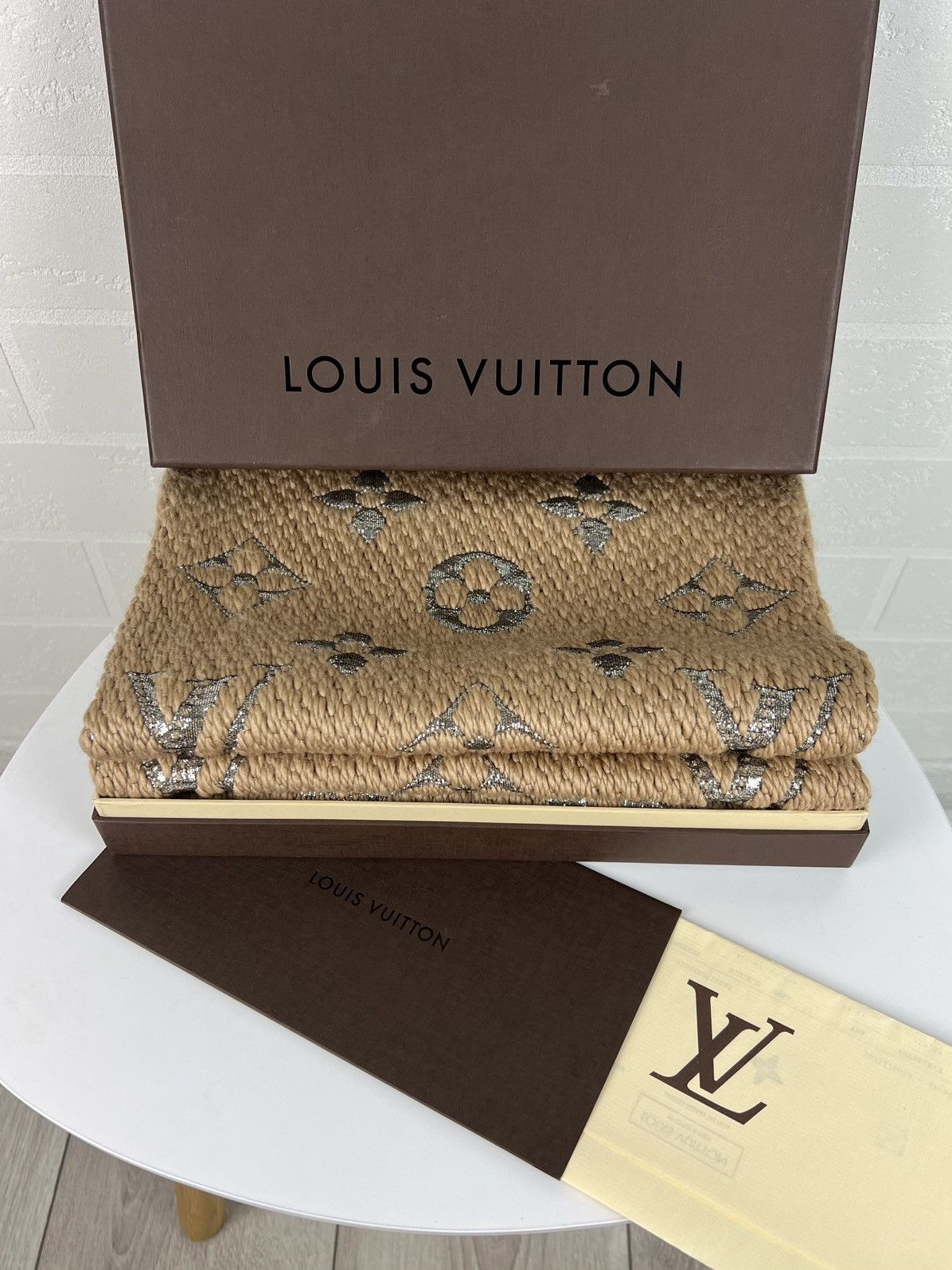 LOUIS VUITTON Scarf Echarpe LV Logomania Monogram Wool Silk