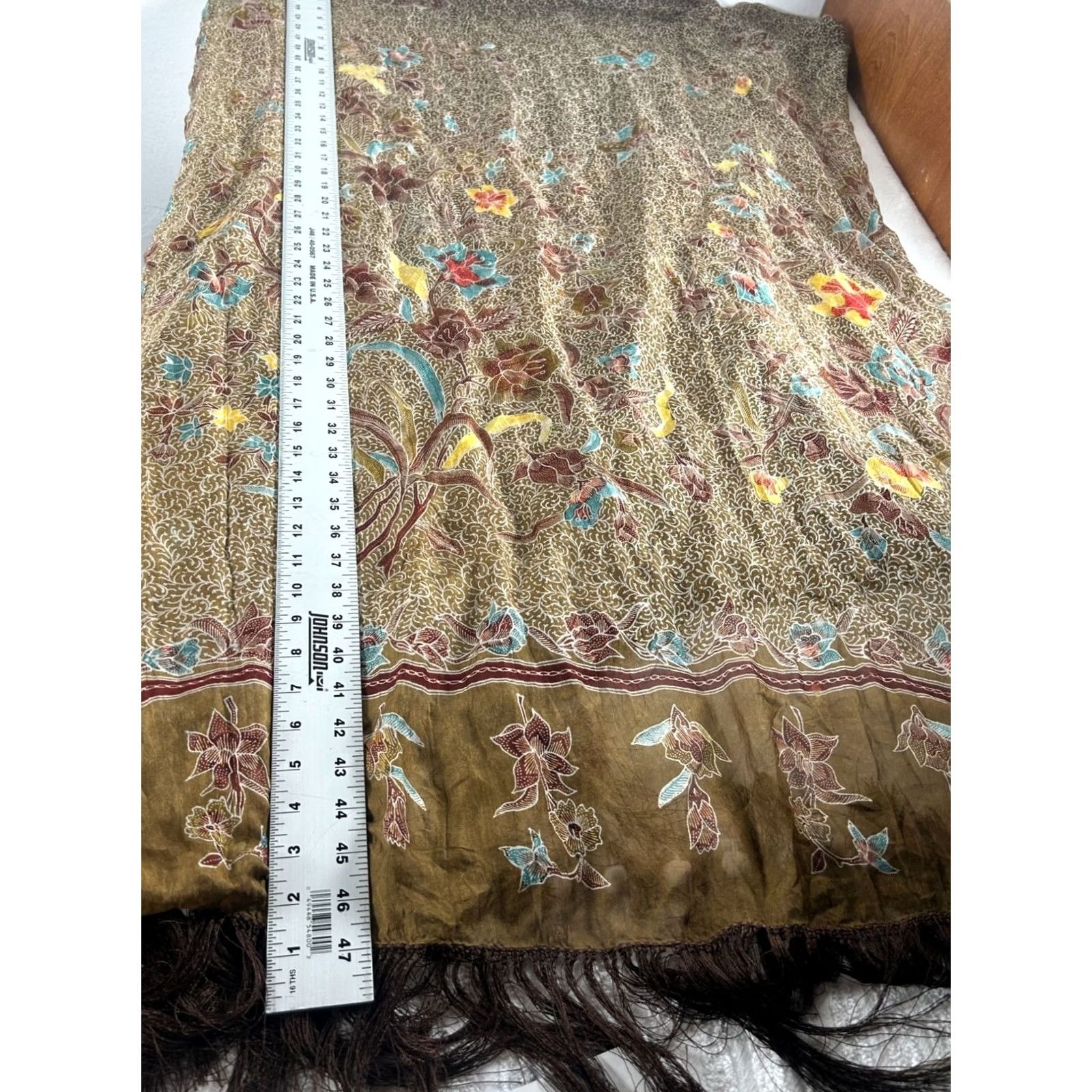 Anthropologie Womens Floral Silk Scarf Fringe Trim Brown Yellow Lightweight Boho 37"x94" Size ONE SIZE - 3 Thumbnail