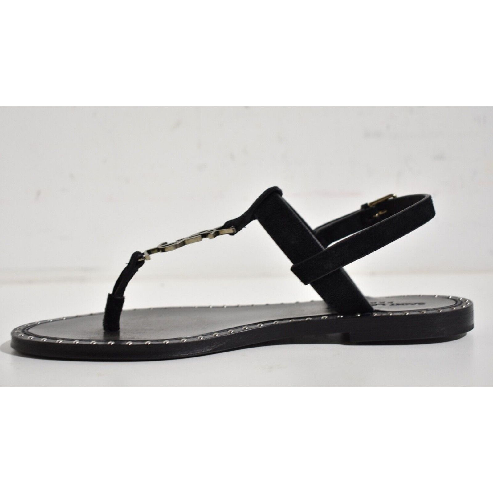 Yves Saint Laurent Saint Laurent YSL Logo Iota 05 Black Suede Studded Thong Size US 9 / IT 39 - 9 Thumbnail