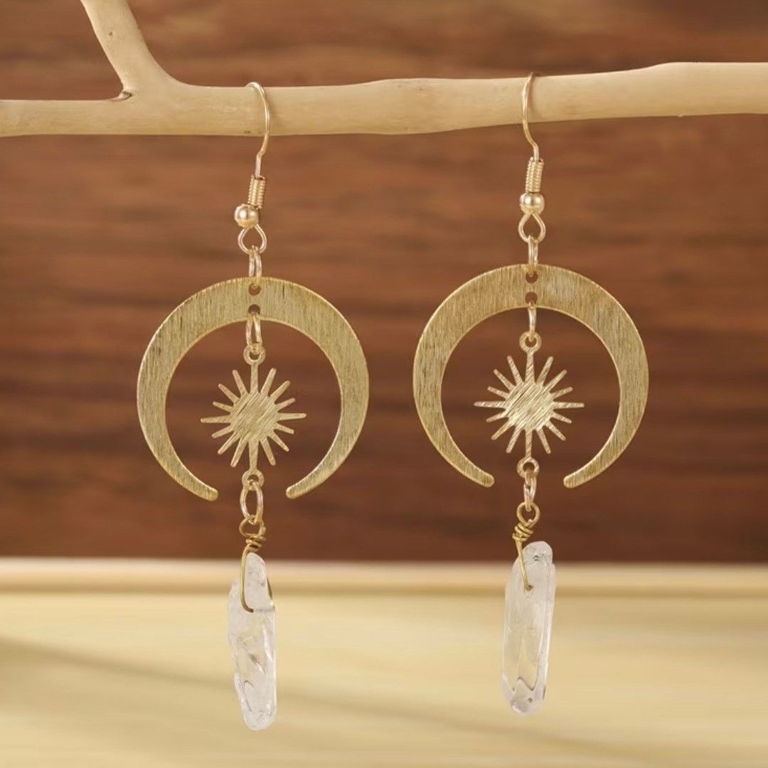 Anthropologie ANTHROPOLOGIE Gold Sun Moon Star Boho Gemstone Hoop Earrings Size ONE SIZE - 1 Thumbnail
