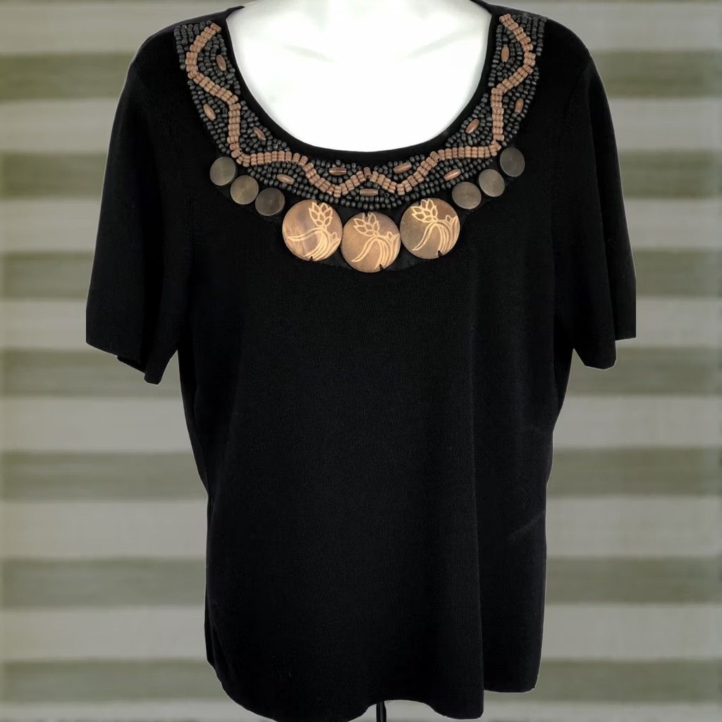 Vintage VINTAGE Once Again Rayon Knit top Blouse L Black Beaded Scoop Short Sleeve Pullover Boho Size L / US 10 / IT 46 - 1 Thumbnail