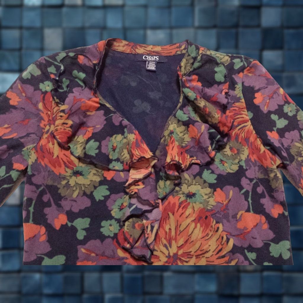 Chaps Chaps Blouse 3/4 Sleeve V-Neck Multicolor Floral Ruffled Pullover Womens Medium Size M / US 6-8 / IT 42-44 - 1 Thumbnail