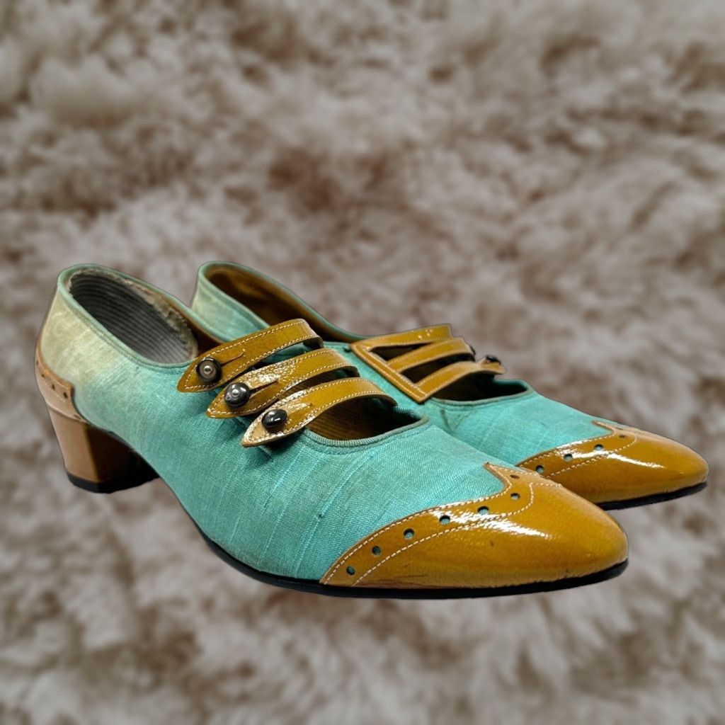 Vintage Roman 7N Dress Shoes Aqua Brown Leather Heels Cap Toe Triple Monk Strap in Aqua/Tan, Women's (Size Medium)