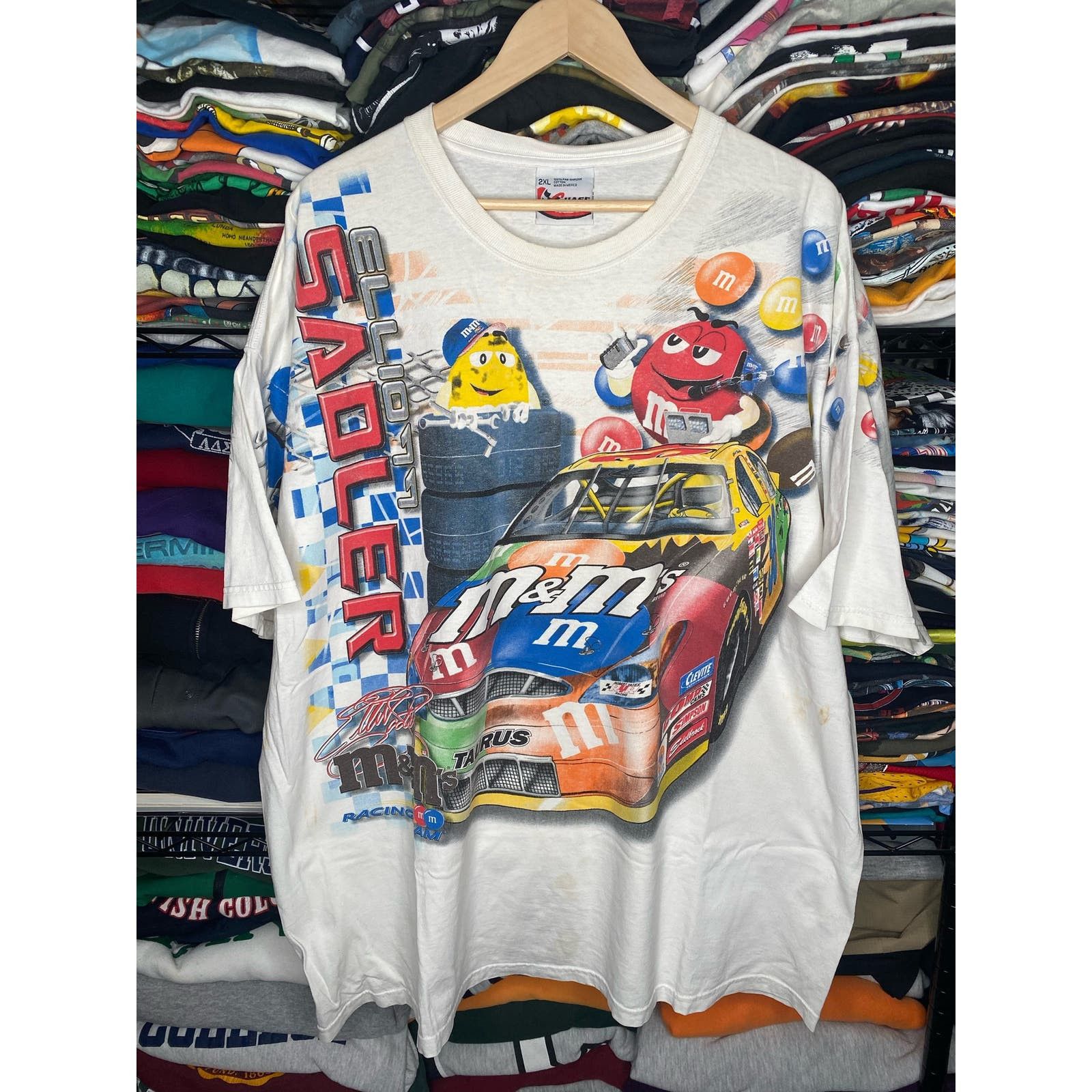 image of Chase Authentics Vintage 2003 Nascar M&ms Elliot Sadler Aop Racing T-Shirt in White (Size 2XL)