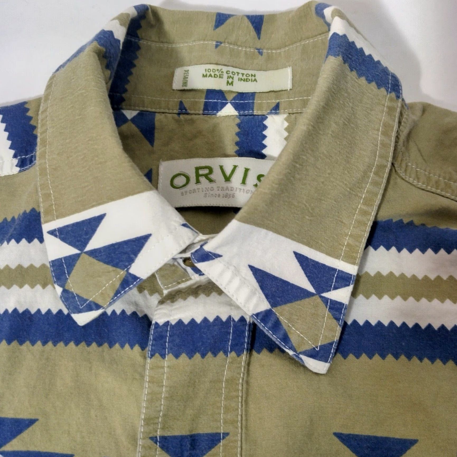 Orvis Orvis Shirt Men M Southwest Geometric Tan Blue Stripe Short Sleeve Western READ Size US M / EU 48-50 / 2 - 7 Thumbnail