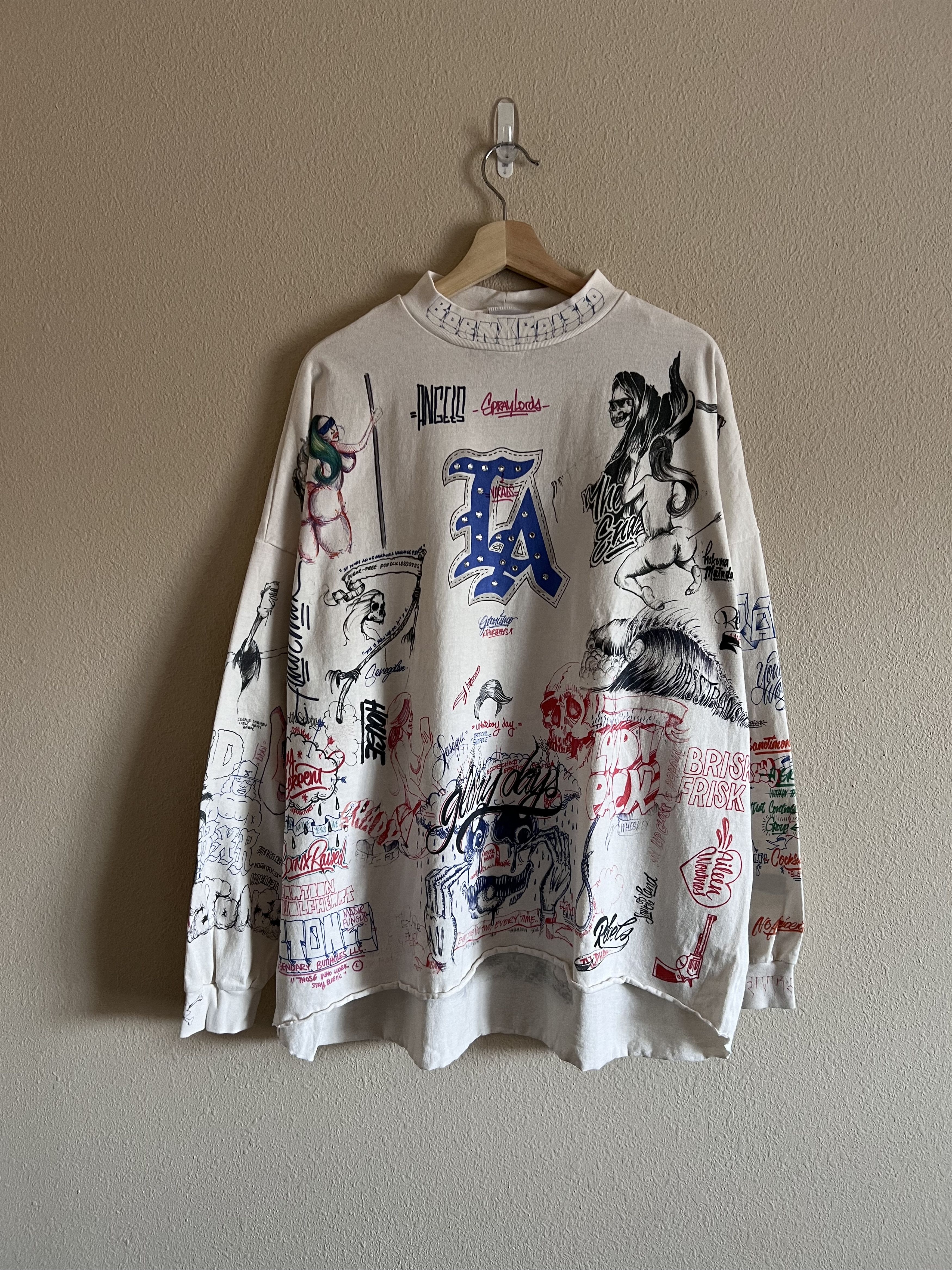 image of Born X Raised Saint Michael Graffiti Mock Neck Long Sleeve in Beige, Men's (Size Large)