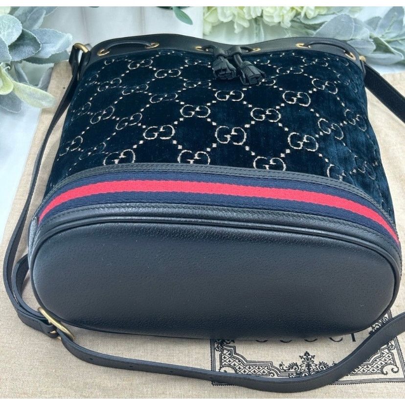 Gucci Gucci OPHIDIA blue velvet bucket bag with leather trim Size ONE SIZE - 15 Thumbnail
