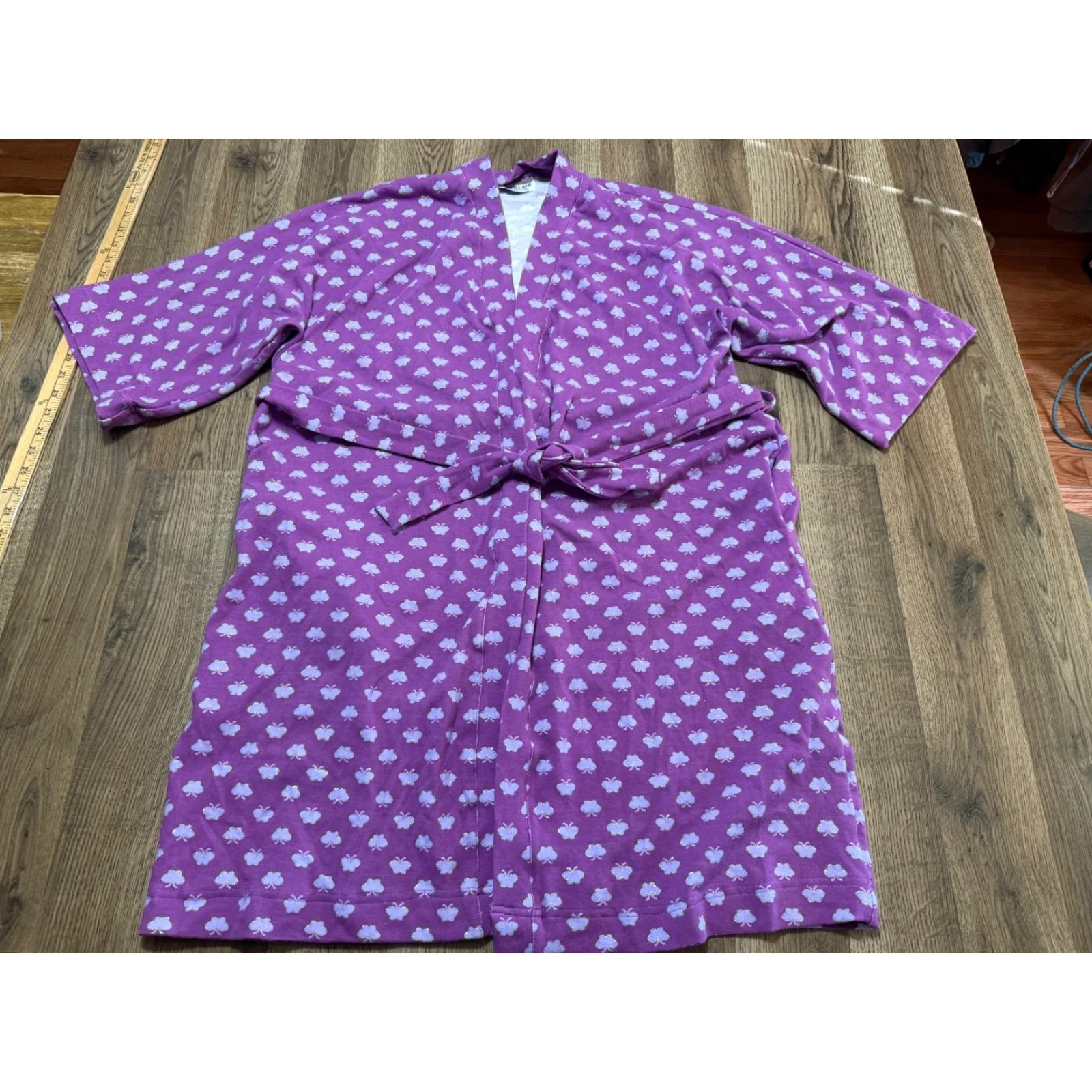 Vintage Aspen Lane Robe Women S/M Purple White Butterflies Tie Waist Size ONE SIZE - 2 Thumbnail